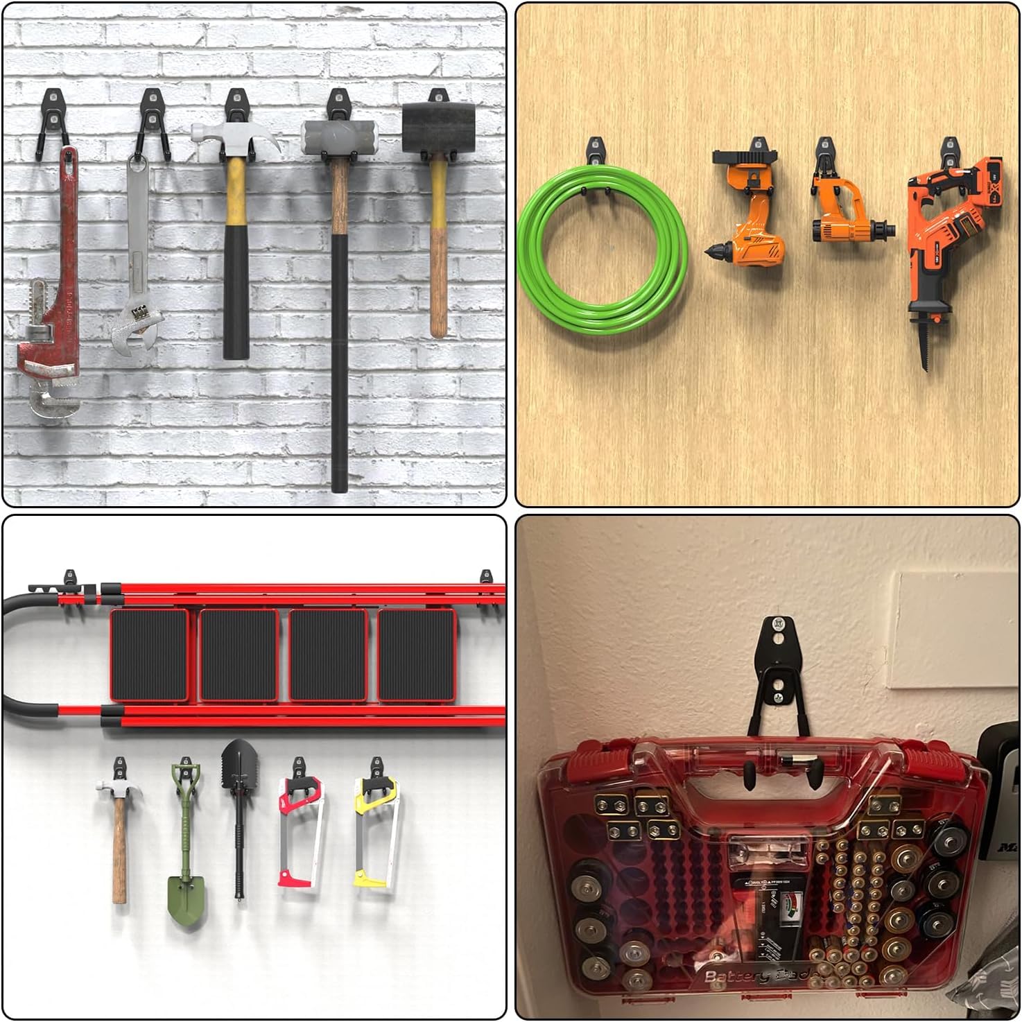 3-H Crochet Mural Garage,Porte Outils Mural en Acier Robuste avec 3 Points de Soudure Renforcés et Revêtement PVC Antidérapant pour Rangement Outils de Jardin,Échelle,Tuyaux et Atelier,Noir,8pcs