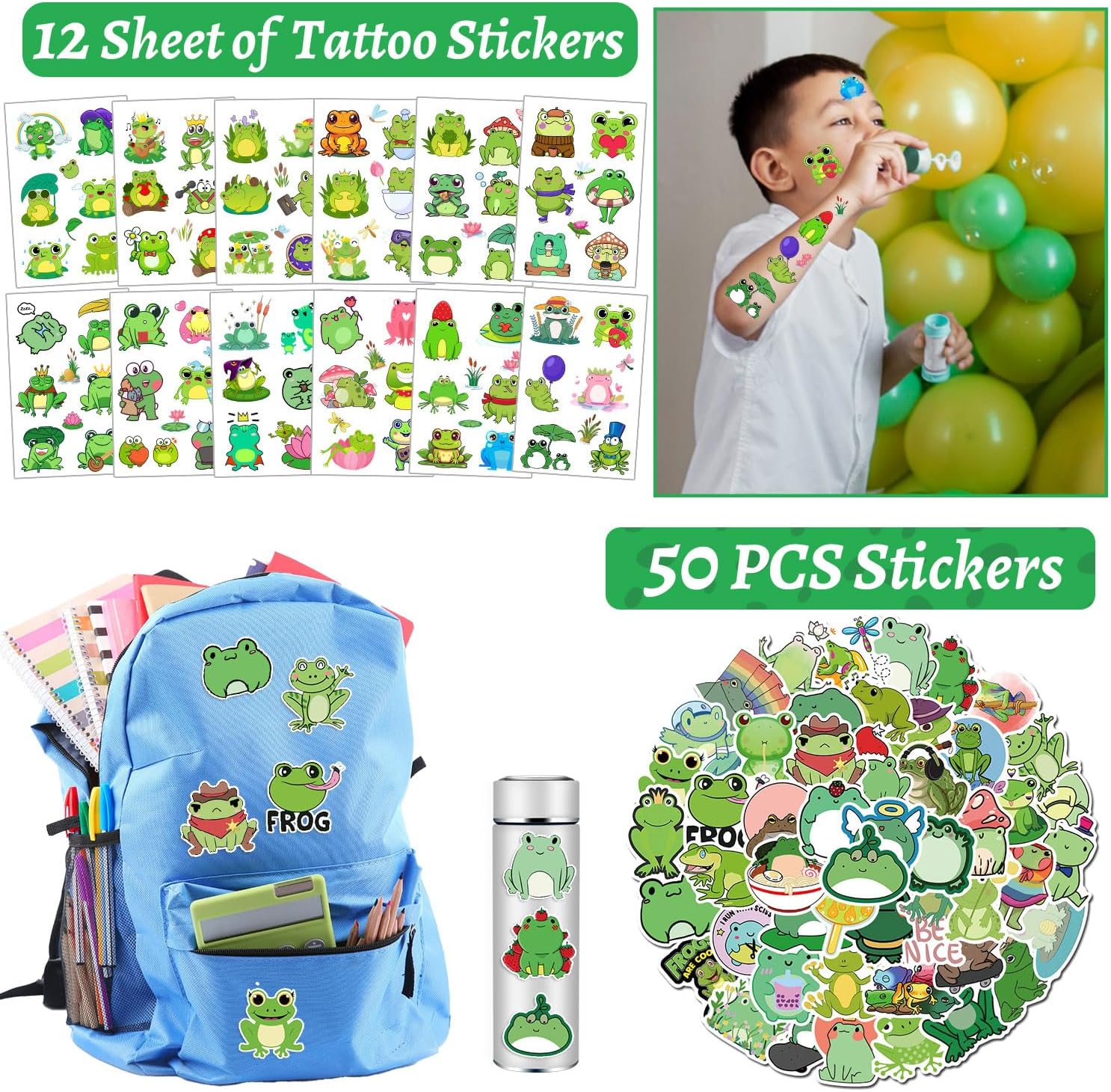 110 PCS Frog Party Favors, Frog Temporary Tattoos Slap Bracelets Keychains Stickers Badges Gift Bags for Frog Birthday Party Decorations Supplies Gifts for Classroom Rewards Baby Shower