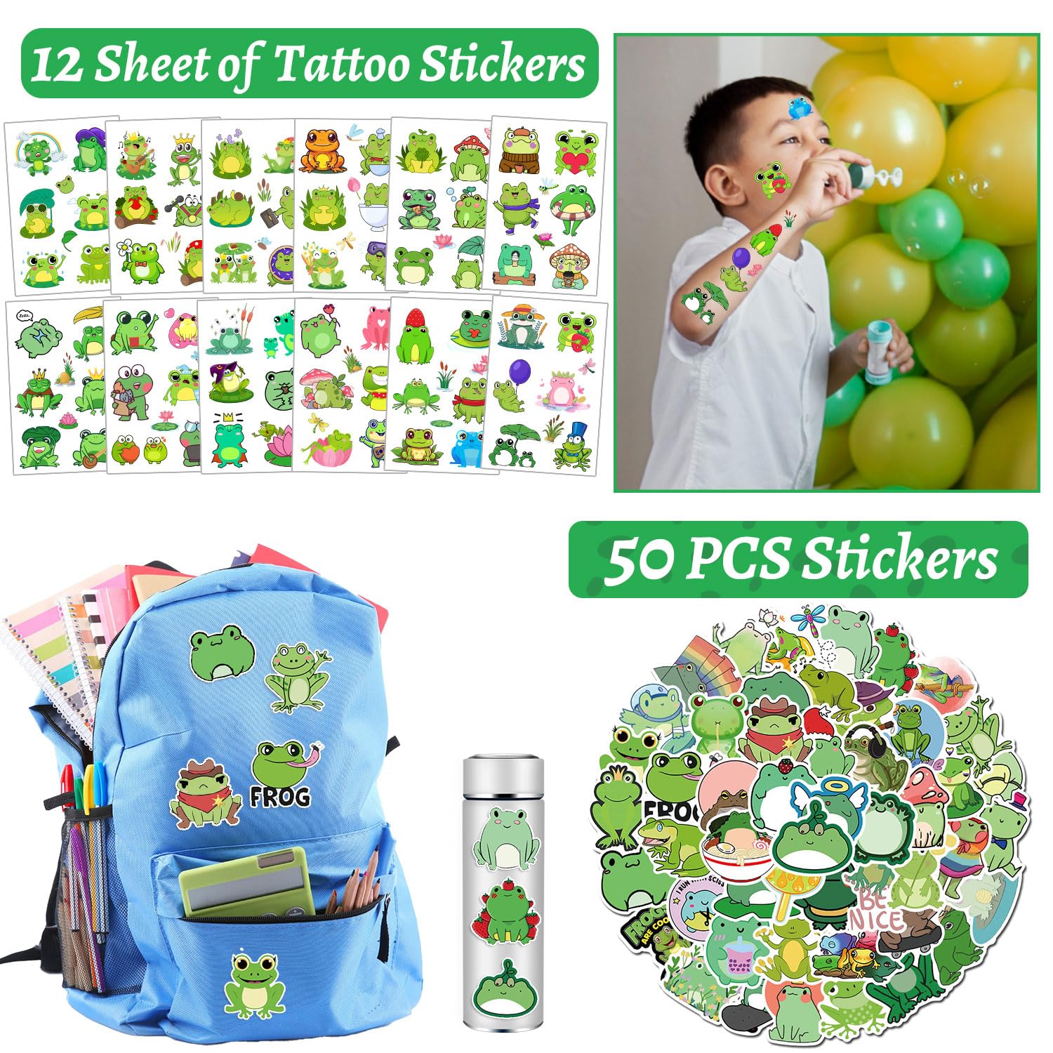 110 PCS Frog Party Favors Kit - Temporary Tattoos, Slap Bracelets, Keychains, Stickers & Gift Bags