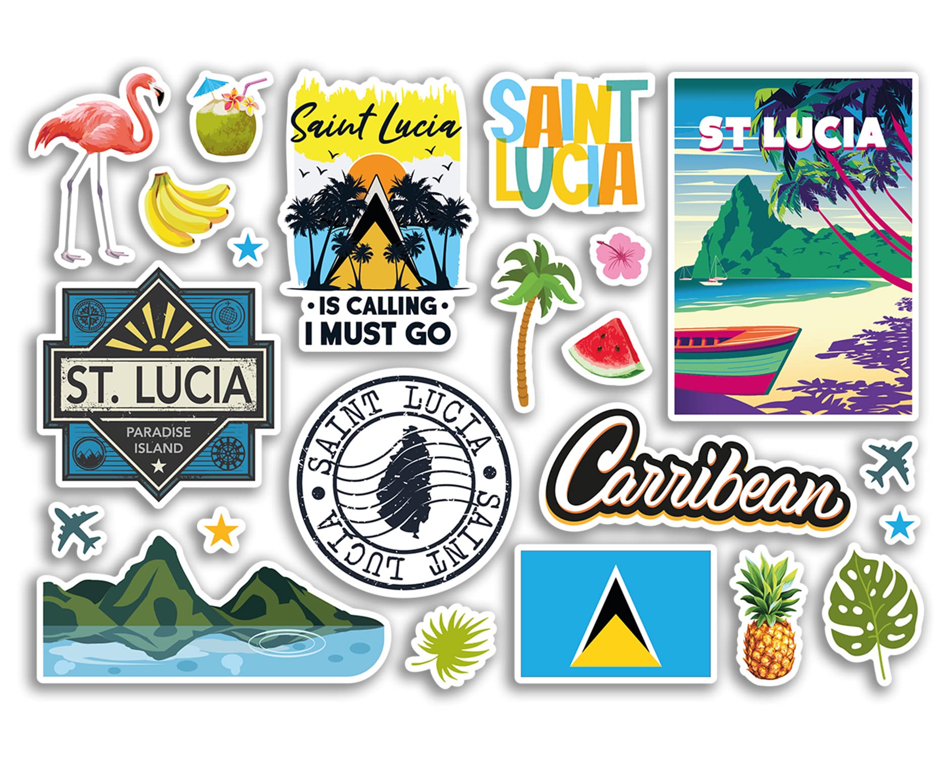 Dv Design Multi A5 Sticker Sheet Saint Lucia Landmarks Vinyl Stickers - Caribbean St Beach Summer Tropical Coast Flamingo Airport Stamps Skyline Flag Map Travel Holiday Scrapbooking Luggage #79215