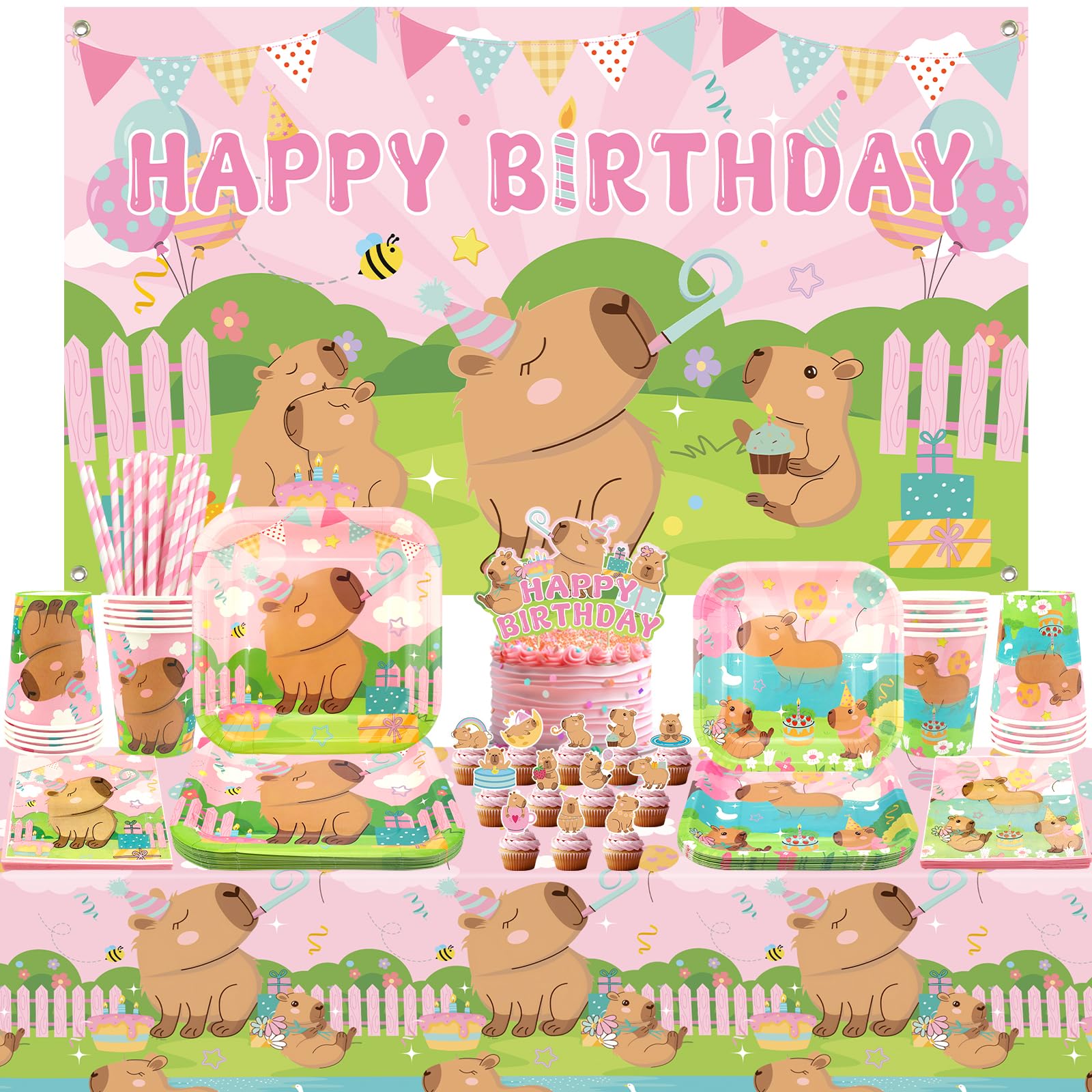 Obussgar Pink Capybara Birthday Party Decorations - Capybara Party Supplies including Backdrop, Plate, Cake Topper, Cup, Napkin, Tablecloth - Serves 20 (BJ)