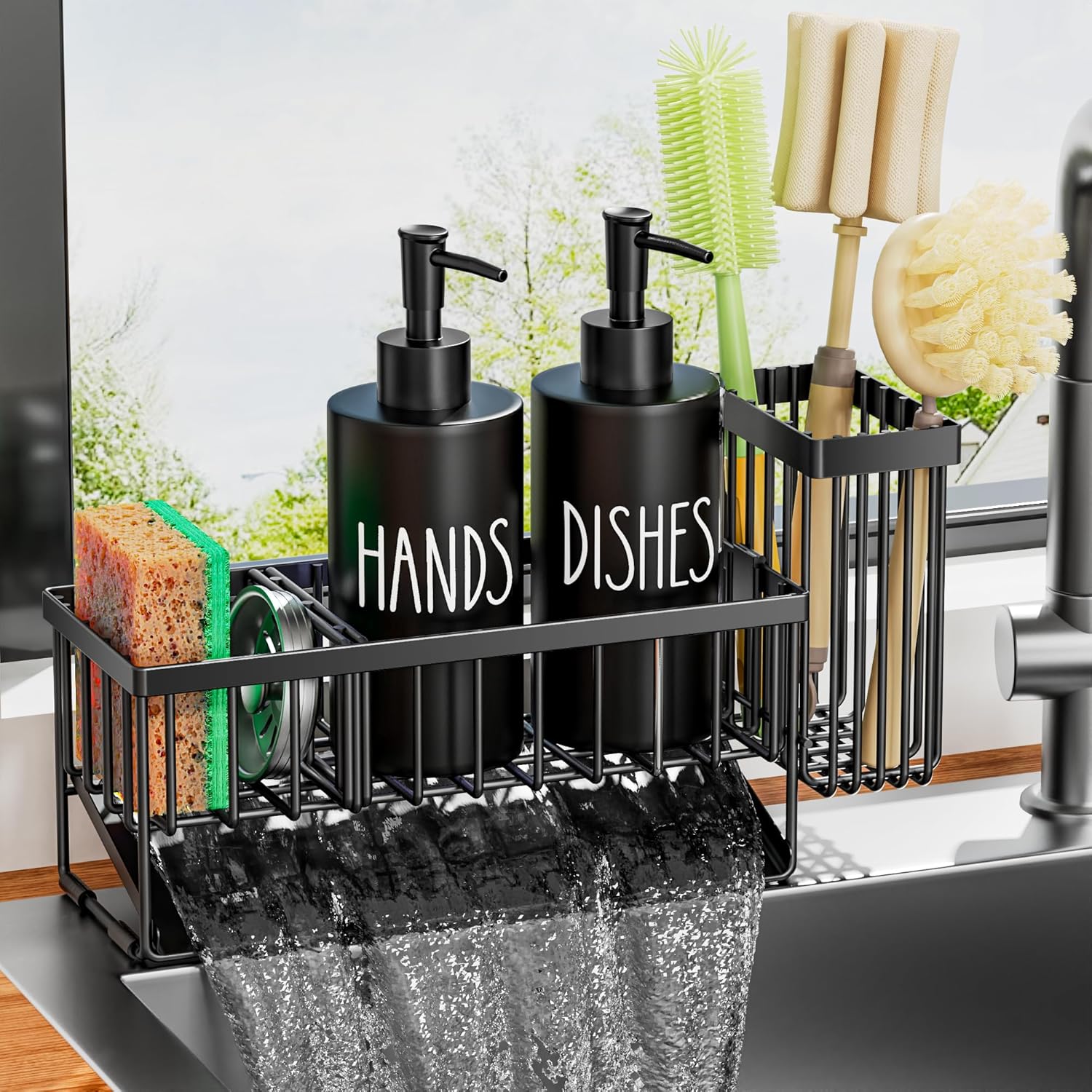 MASADI Kitchen Dish Soap Dispenser Set with Sponge Holder, 12OZ Glass Bottle, Hand and Dish Soap Dispenser Set, Non-Slip Silicone Pad, Brush Holder, Kitchen Sink Organizer Countertop (Black)