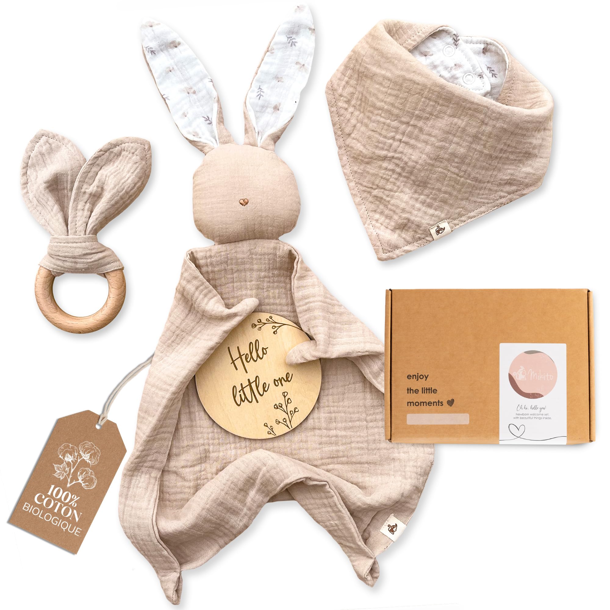 Mikito Coffret Cadeau Naissance Bébé Doudou Lapin, Bavoir Bandana, Mordedor Bois 100% Coton Bio Certifié Oeko-TEX et GOTS