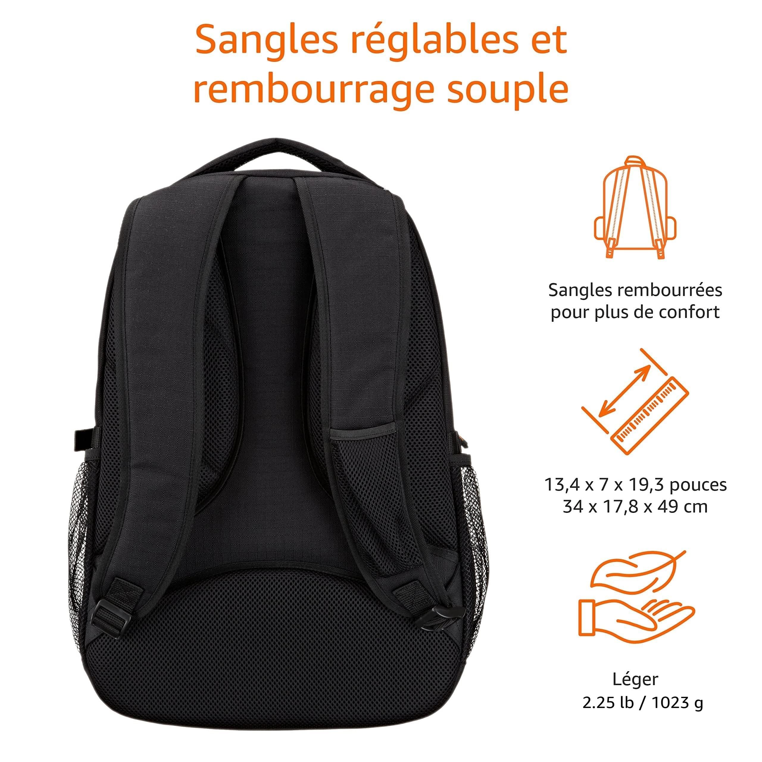 Amazon Basics Sac à dos pour ordinateur avec bretelles rembourrées et compartiments de rangement pour stylos, clés, téléphone portable - Convient à la plupart des ordinateurs 43.2cm, noir