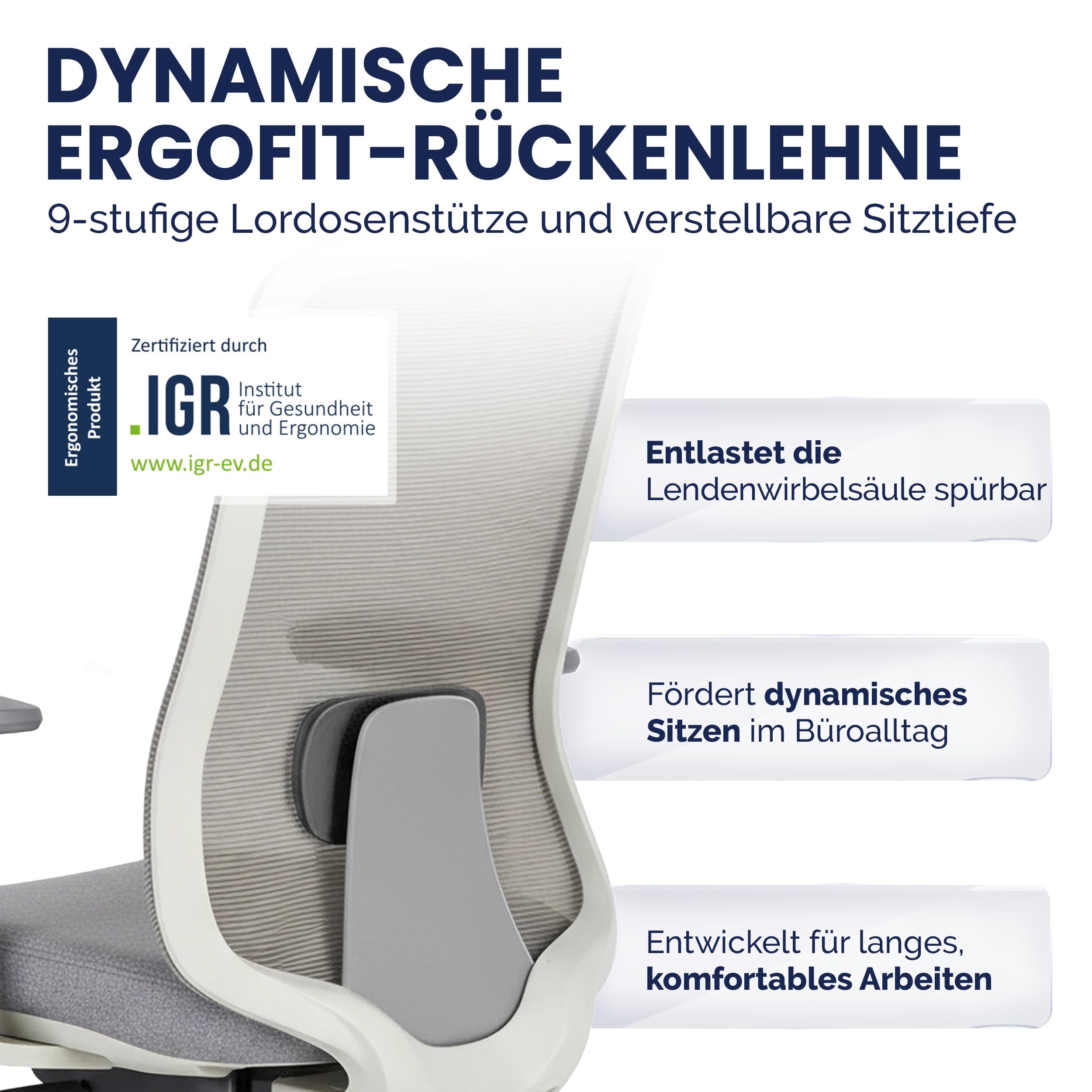 ErgoPrime PRO Bürostuhl ergonomisch TESTSIEGER - IGR Zertifiziert - Schreibtischstuhl 100% individuell einstellbar - Home Office Chair Drehstuhl - Bürostuhl 150 kg Grau