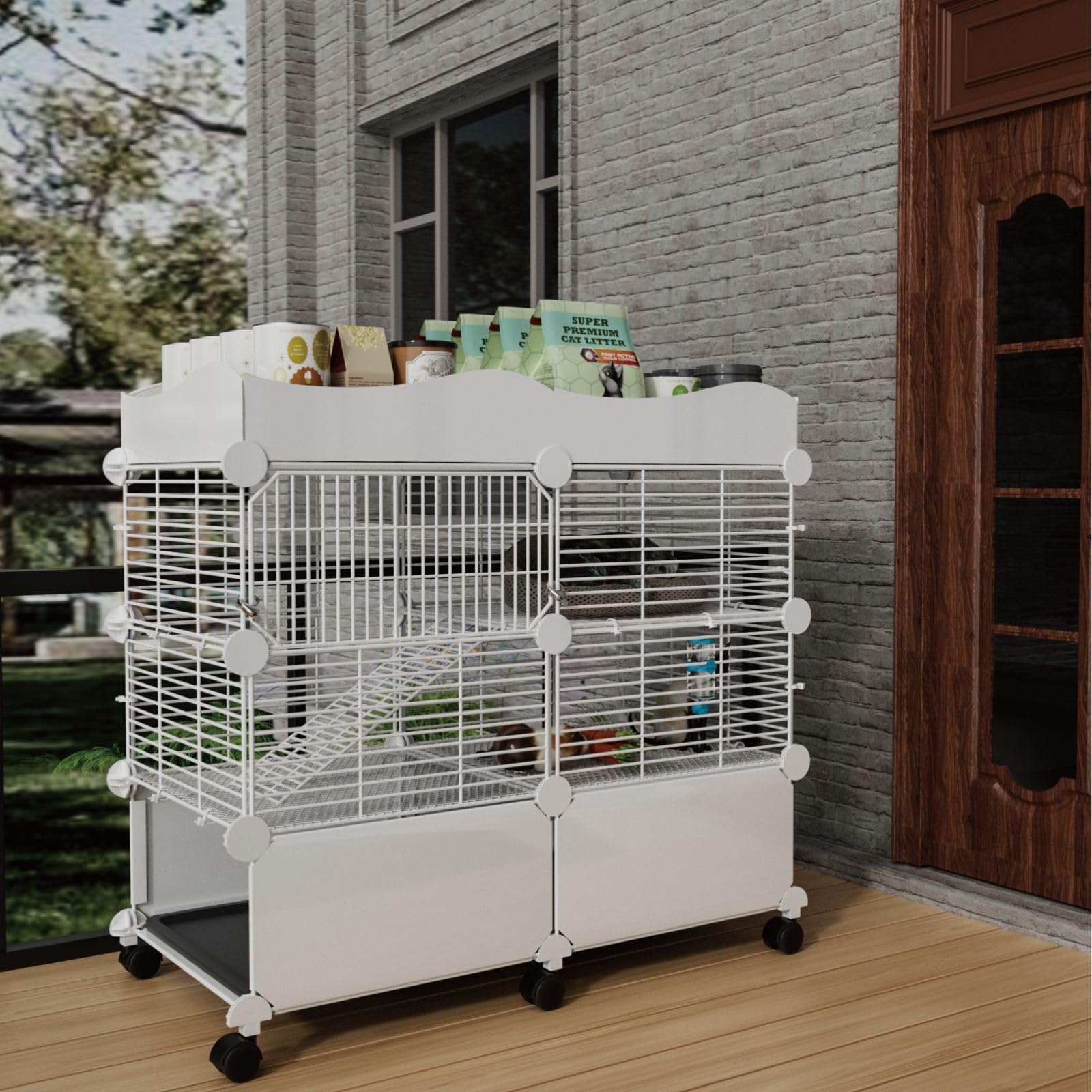 STILLCOVE Meerschweinchenkäfige mit 2 Etagen für den Innenbereich, mit Deckel und herausnehmbarem Tablett | Mit Plattform und Rampe, Universalrädern, C&C Kleintierkäfig für Frettchen, Hamster, Chinchilla, Igel, Maus, Haustier, Ratte