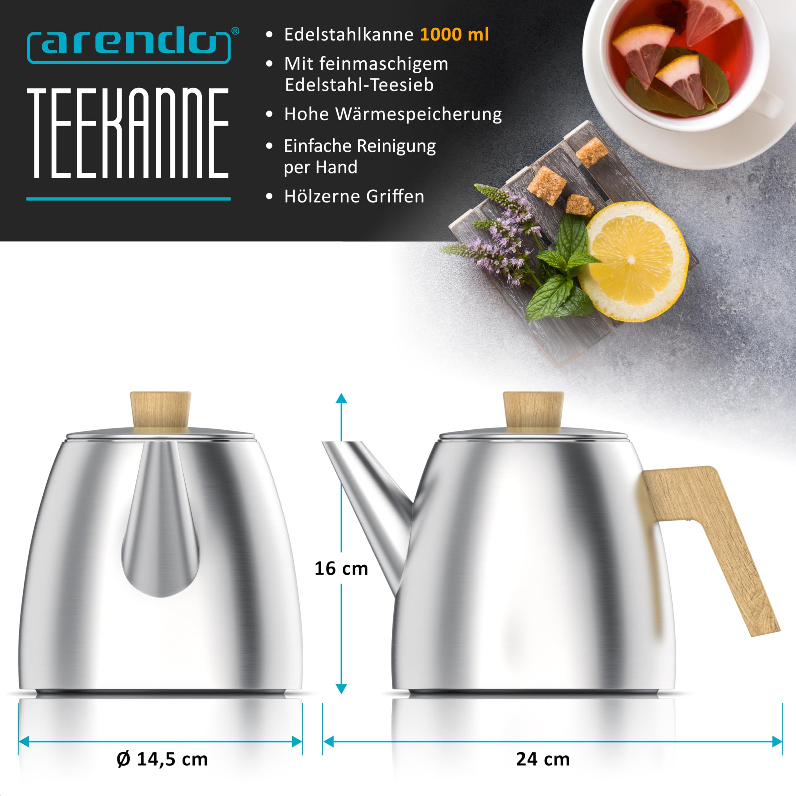Arendo - Teekanne Edelstahl mit Siebeinsatz – 1000 ml - mit Griffen aus Holz – Teekanne thermo doppelwandig