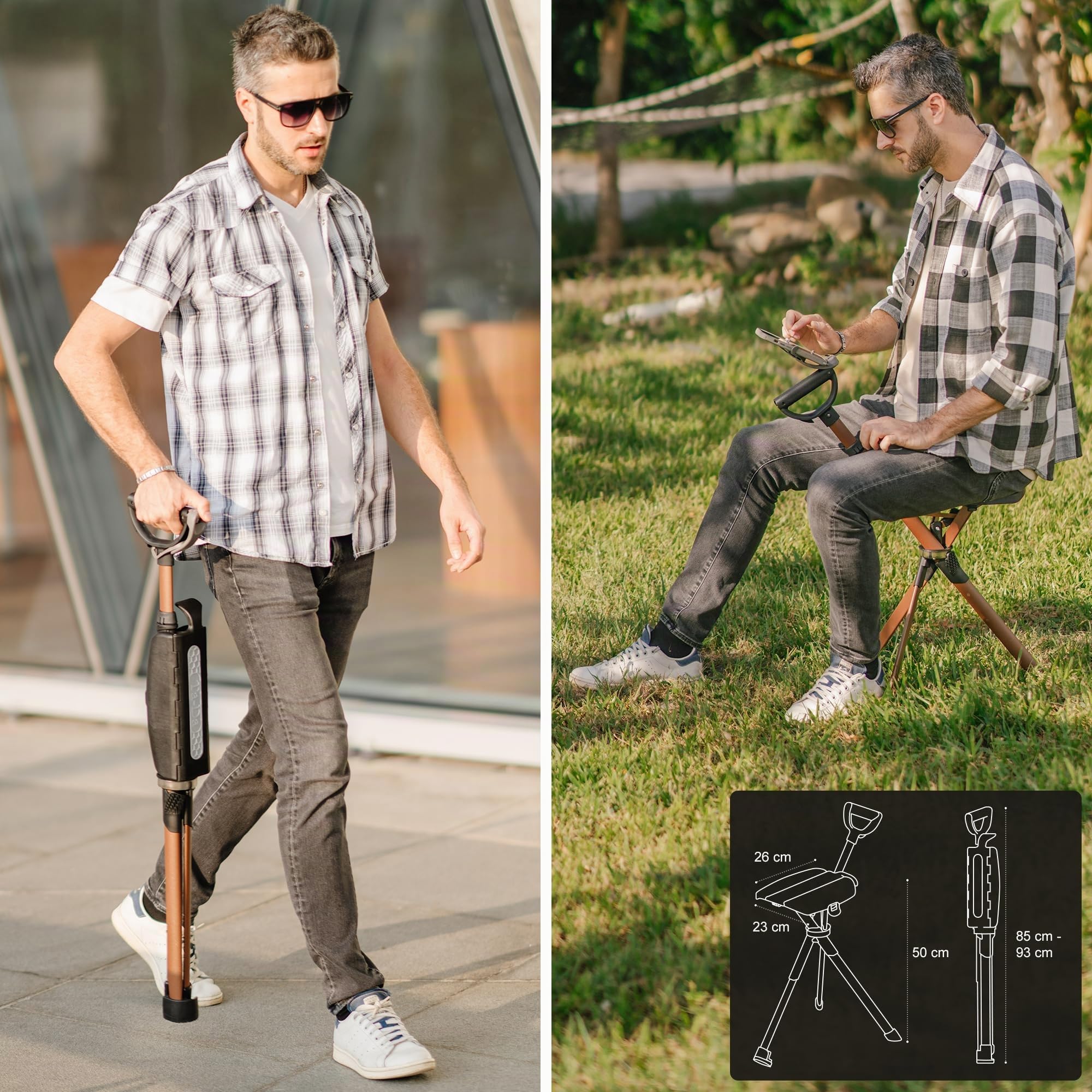 Ta-Da Chair Série 2 Pro Max - Canne de Marche avec siège, Cadre léger en Aluminium, Tabouret Pliable Robuste (jusqu'à 182 kg), Facile à Plier, idéal pour la randonnée et l'extérieur - Noir, Ajustable