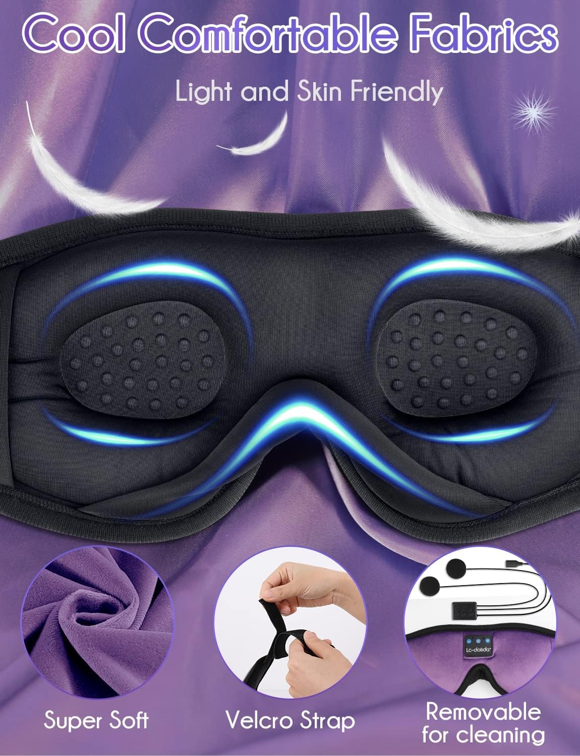 LC-dolida Sleep Headphones, Sleep Mask Bluetooth Wireless Music Eye Mask, Sleeping Headphones for Side Sleepers Sleep Mask with Bluetooth Headphones Ultra-Thin Stereo Speakers Perfect for Sleeping view 3