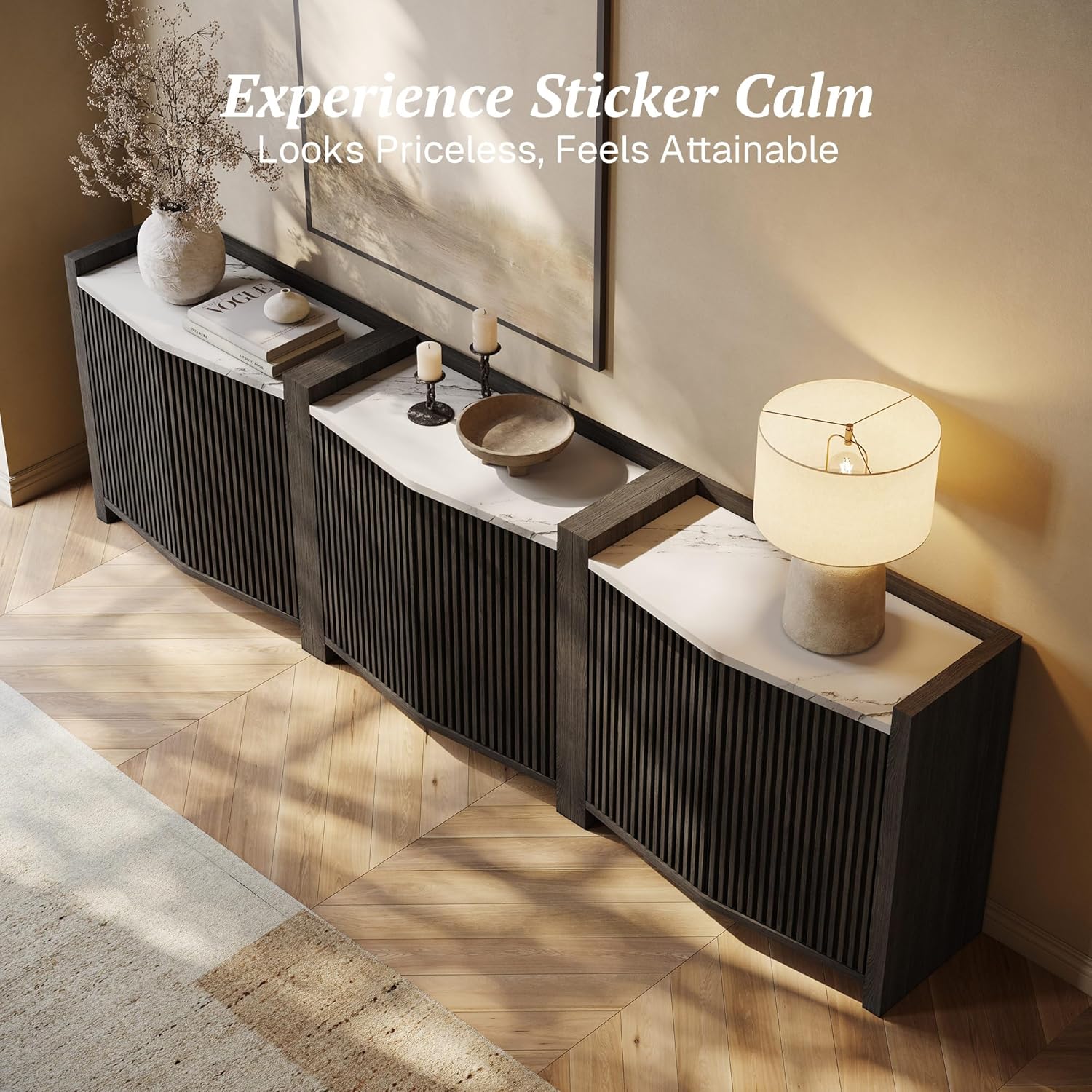 BELLEZE Set of 3 Modular Sideboard Buffet Cabinet with Storage,105'' Modern Credenza with Adjustable Shelves, Fluted Black Console Table with Faux Marble Panel for Kitchen, Entryway, Dining Room 35 Inch Ebony 3