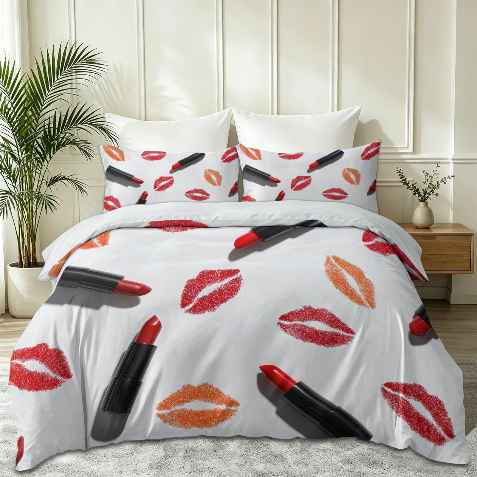 Housse de couette blanche motif lèvres fermeture éclair 140x200