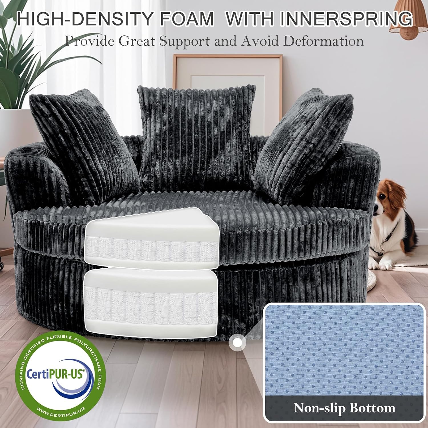 59 Inch Oversized Chaise Lounge Chair Indoor, Round Corduroy Chaise Lounge Sofa Bed with Throw Pillows and Backrest, Plush Sleeper Chair Bed for Living Room Bedroom,No Assembly Required