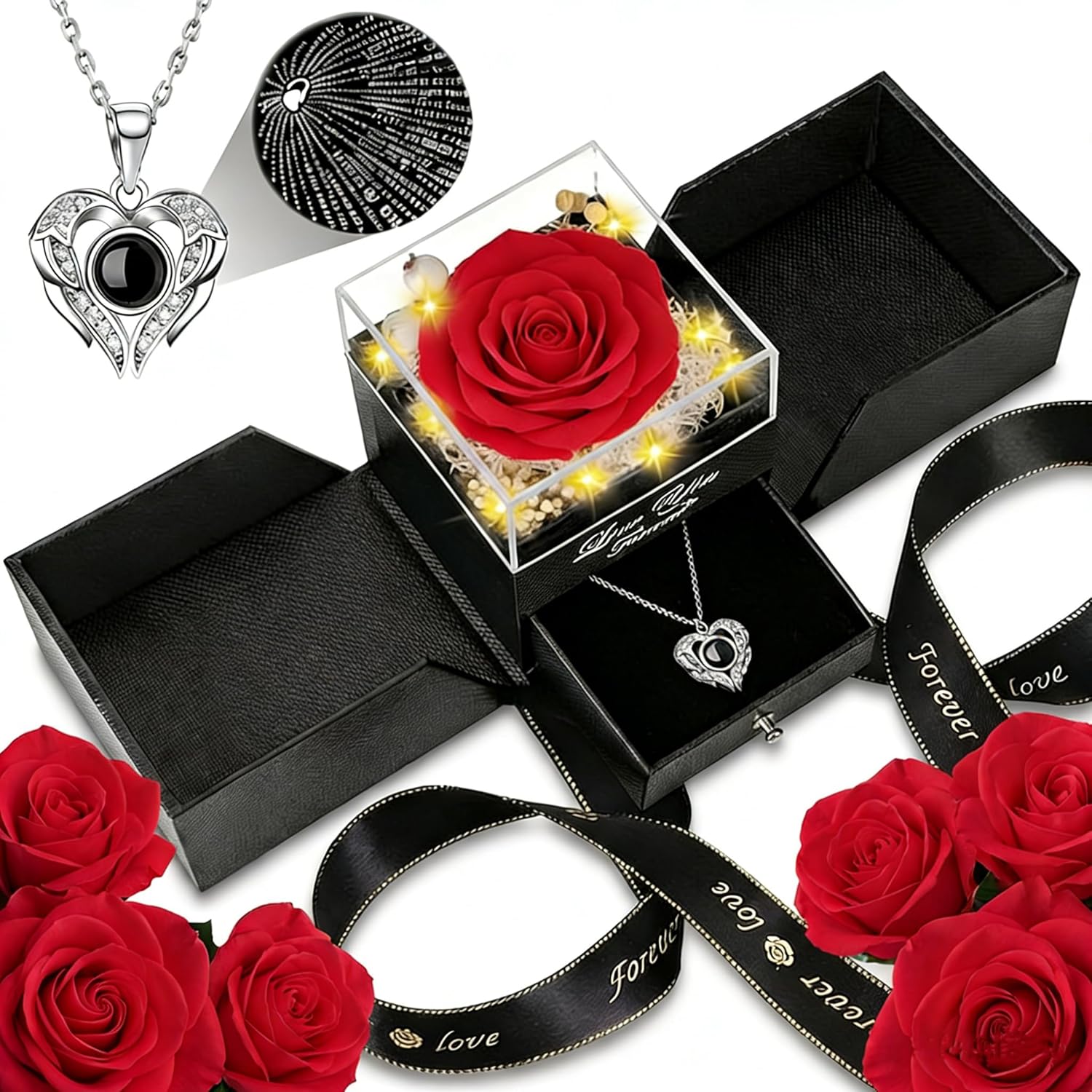 Gifts for Women, Preserved Real Roses with Heart Necklace I Love You in 100 Languages, Romantic Anniversary Wedding Gifts for Women Her Girlfriend Wife, Forever Roses Necklace Gift Box-white