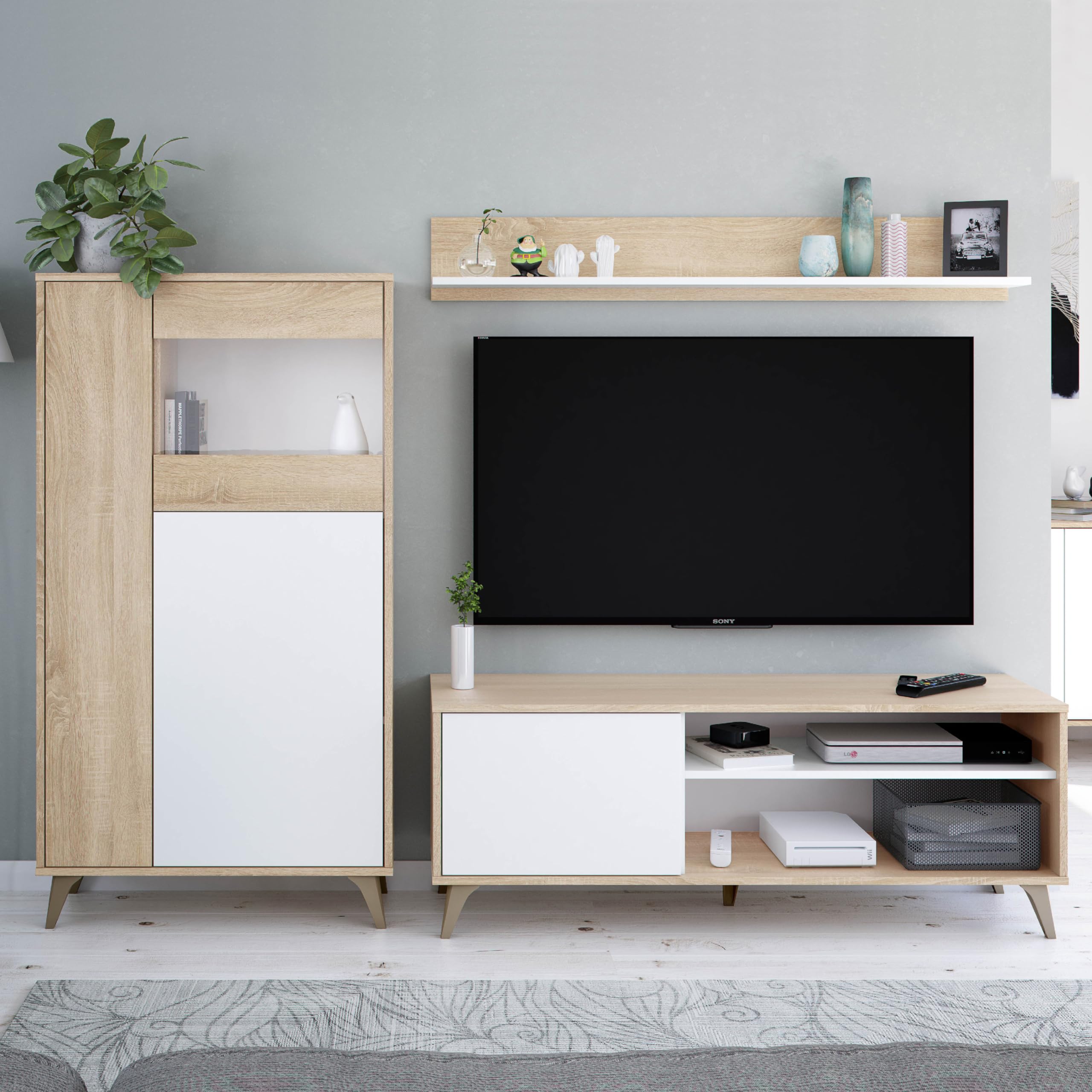 Habitdesign Modulo TV con Estante, Mueble de Salon, Juego de Muebles, Modelo Kikua Plus, Acabado en Blanco Artik y Roble Canadian, Medidas: 135 cm (Ancho) x 50 cm (Alto) 40 cm (Fondo)