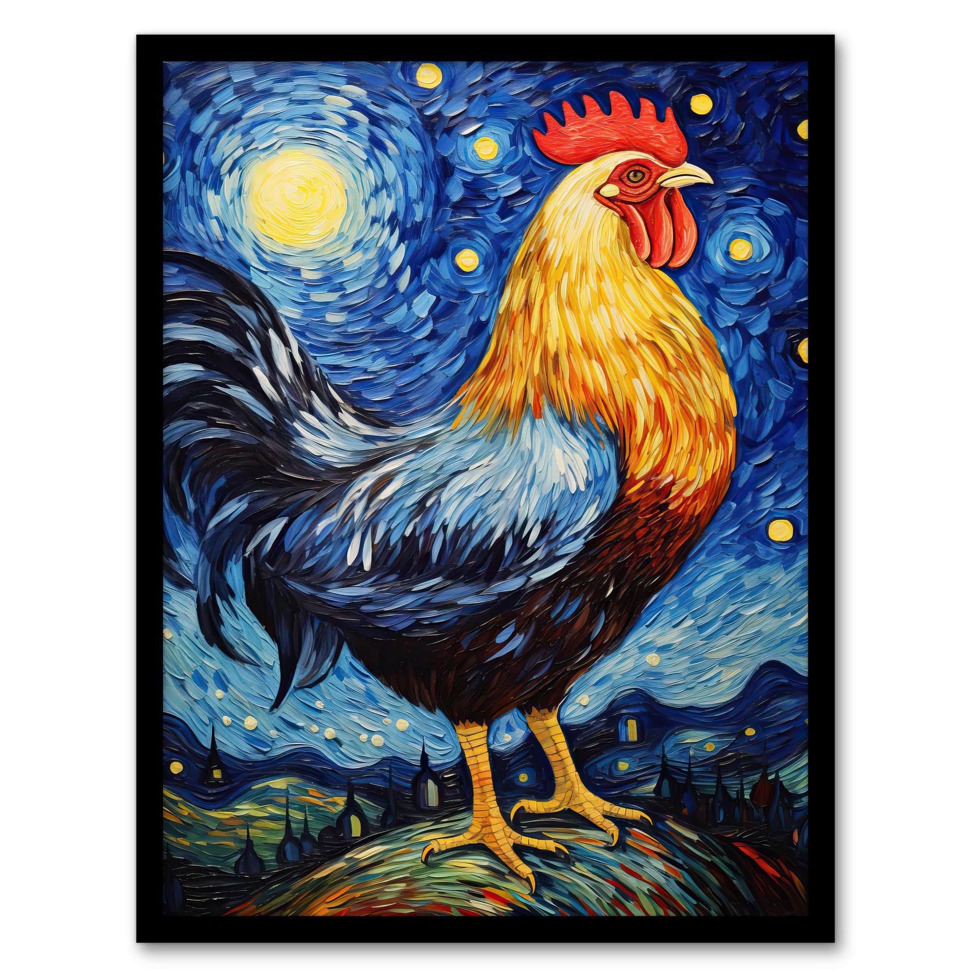 Artery8 Waiting For The Dawn Rooster Cockerel In Van Gogh Starry Night Style Artwork Framed Wall Art Print A4