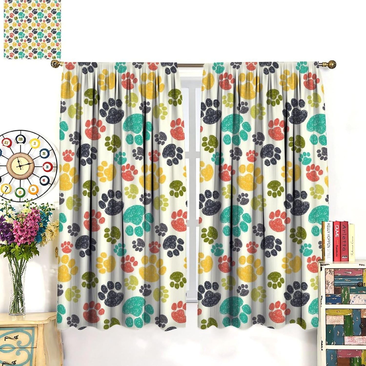 Dog Curtains Hand Drawn Paw Print Doodles Circular Pattern Children Drawing Art Printed Blackout Window Drapes for Home Decor Fabric Set 2 Panel 42x45 Inch 80% Shading Rate