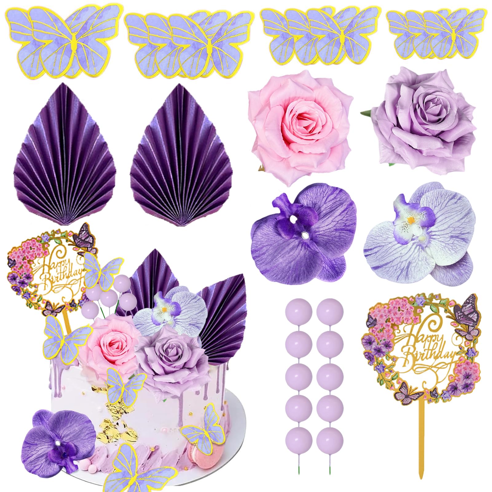 Photo 1 of 27 PCS Flower Cake Decorations Purple Cake Decorations Boho Butterfly Cake Toppers with Rose Artifical Flowers Palm Leaves Balls Happy Birthday Cake Topper for Birthday Party Wedding Baby Shower