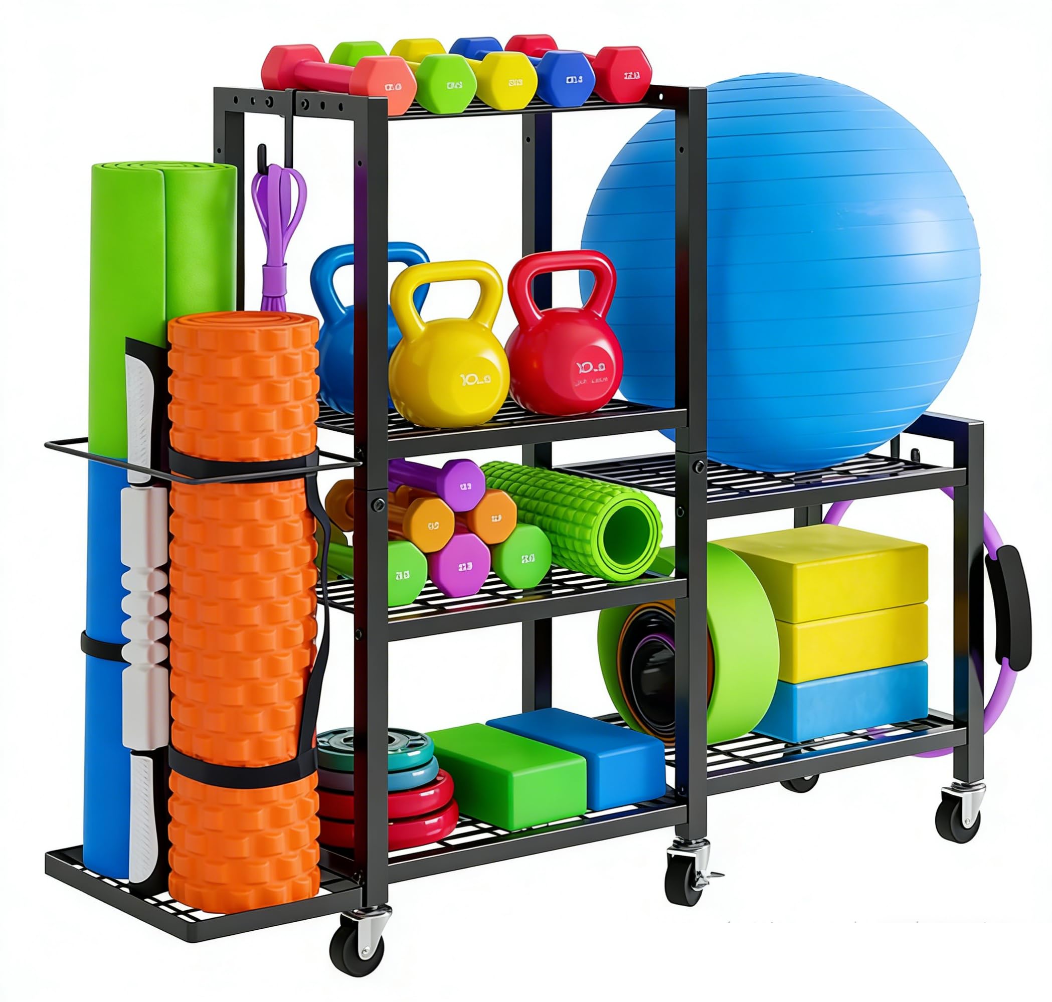 6-Tier Adjustable Dumbbell Rack, Home Gym Equipment Weight Rack, Heavy-Duty Home Gym Storage Organiser, Weight Storage Stand with Wheels and Hooks, Storage Stand for Dumbbells & Kettlebells