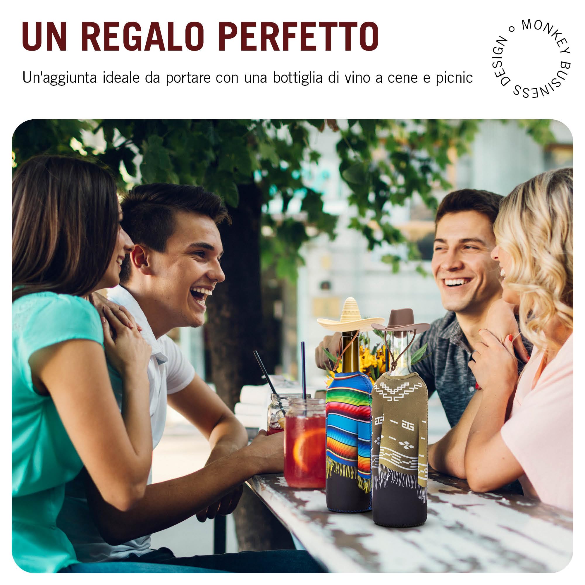 Monkey Business Gift Set per Amanti del Vino – 2 Tappi in Silicone + 2 Poncho in Neoprene per Bottiglie 750 ml – Isolamento per Bottiglia Aperta + Tema Wild West