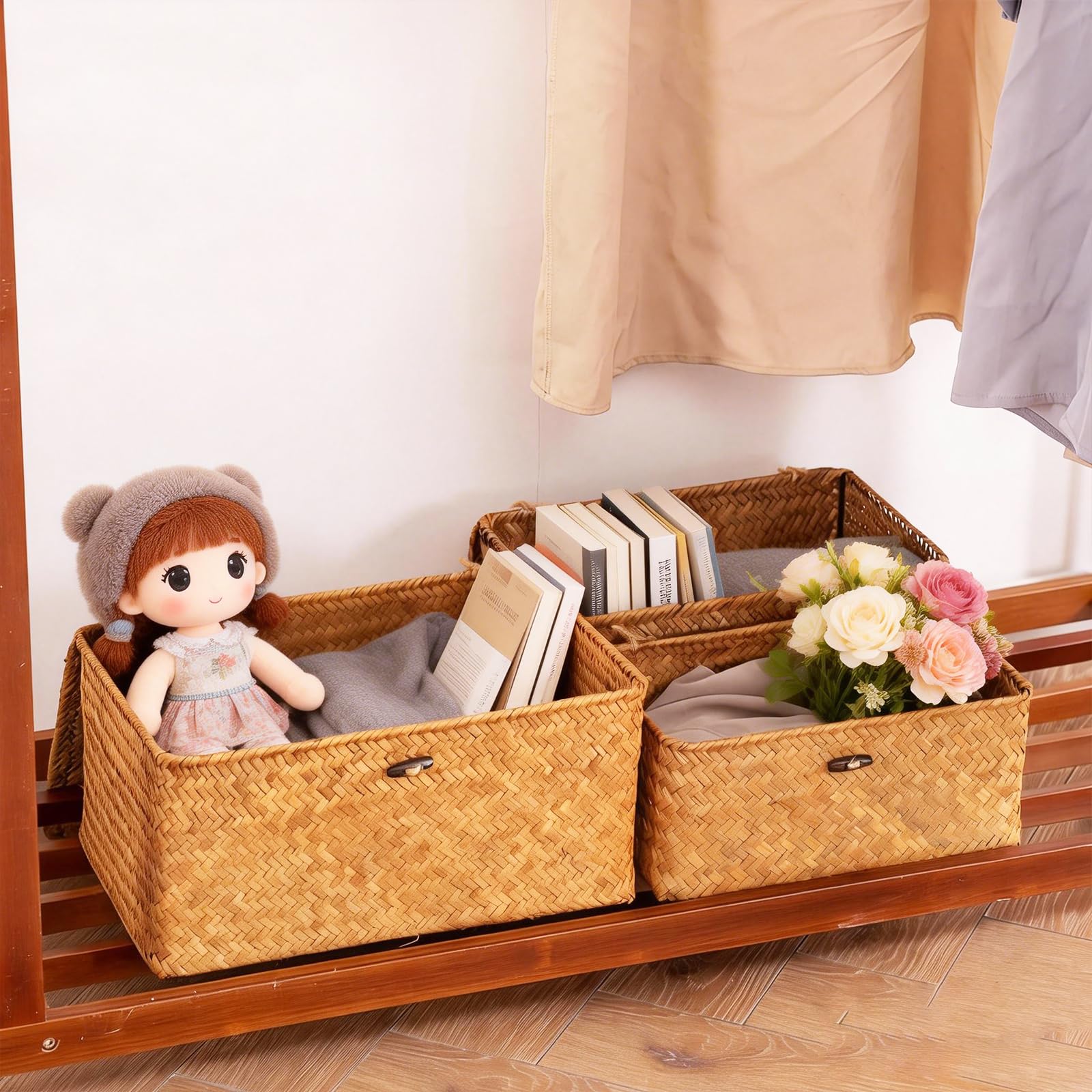 Set di 3 cesti di conservazione Lid, in erba marina naturale, con coperchio, in tessuto a mano, decorazione boho, soluzione regalo pronta per camera da letto, soggiorno e ufficio (A)