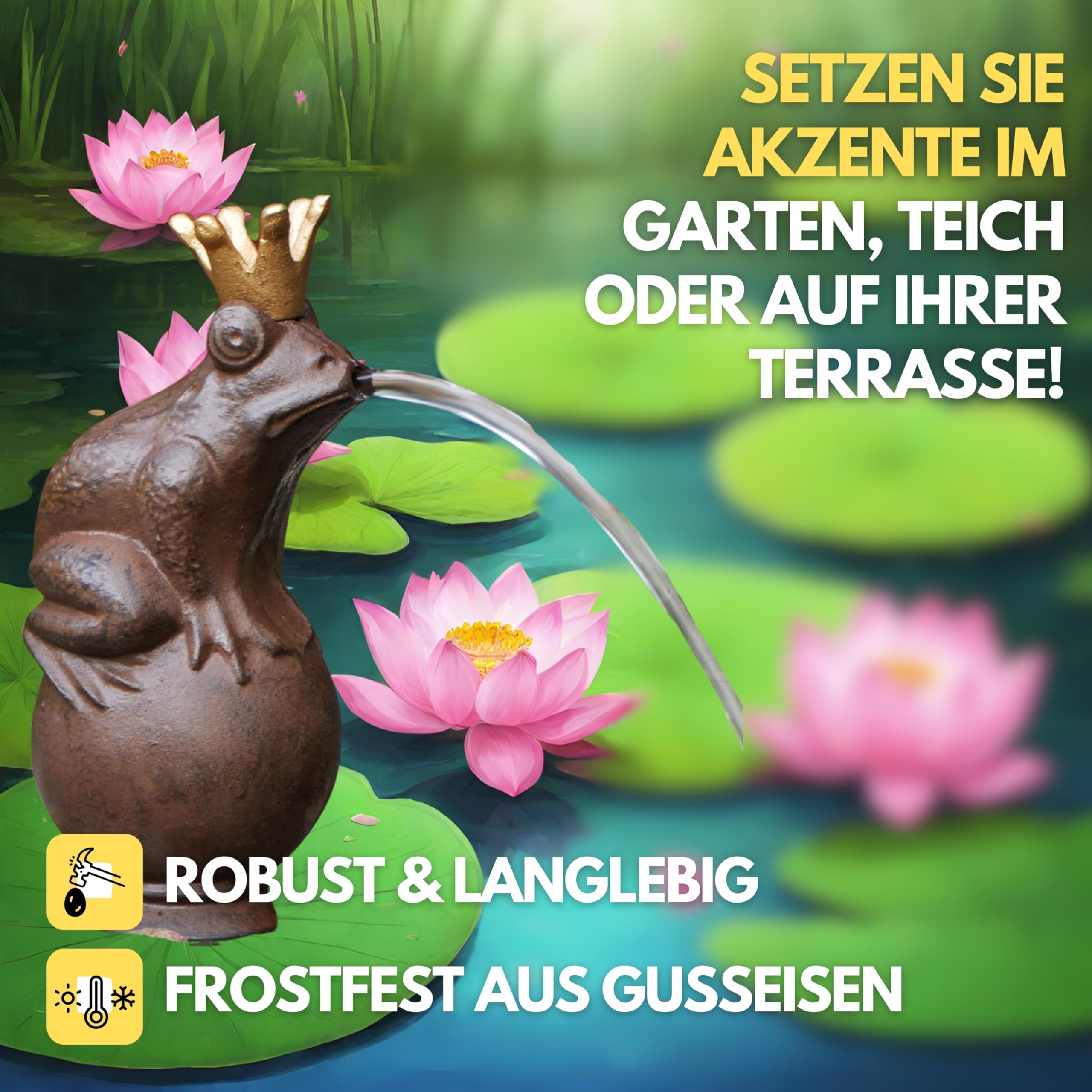 Schauer Wasserspeier Froschkönig/Frosch aus Gusseisen mit Elektro-Pumpe – Gartenfiguren für Gartenteich 22x11 cm - Frösche Deko Teichdeko Gartendeko Tiere Gartendeko Metall Teich Deko Garten