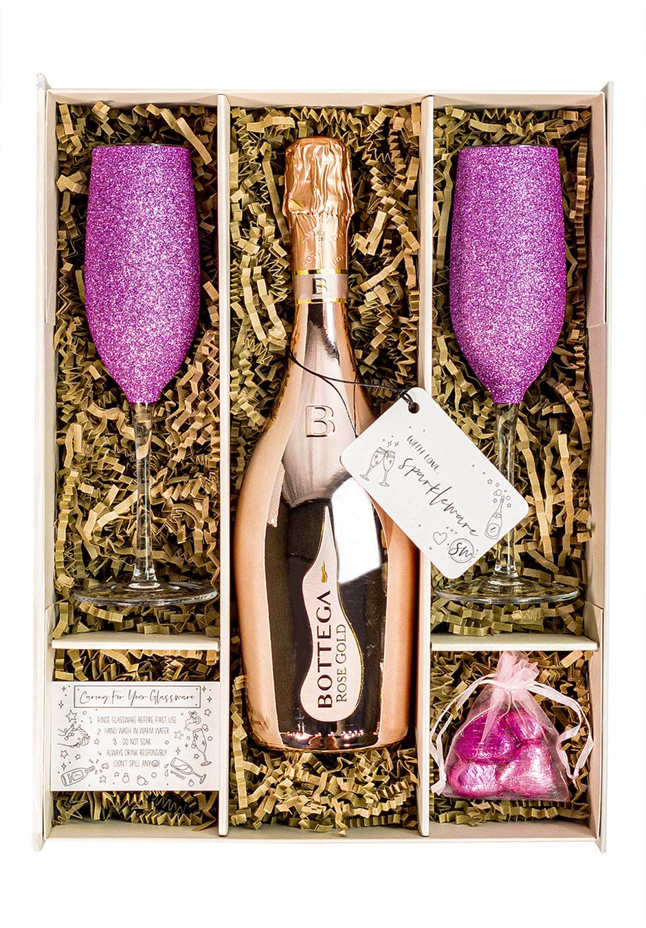 Bottega Rose Gold Sparkling Wine 75cl Gift Set Hamper With Sparkling Pink Flutes, Chocolates And Gift Box - Birthday Hamper for Women - With Personalised Gift Message (Sparkling Tops)