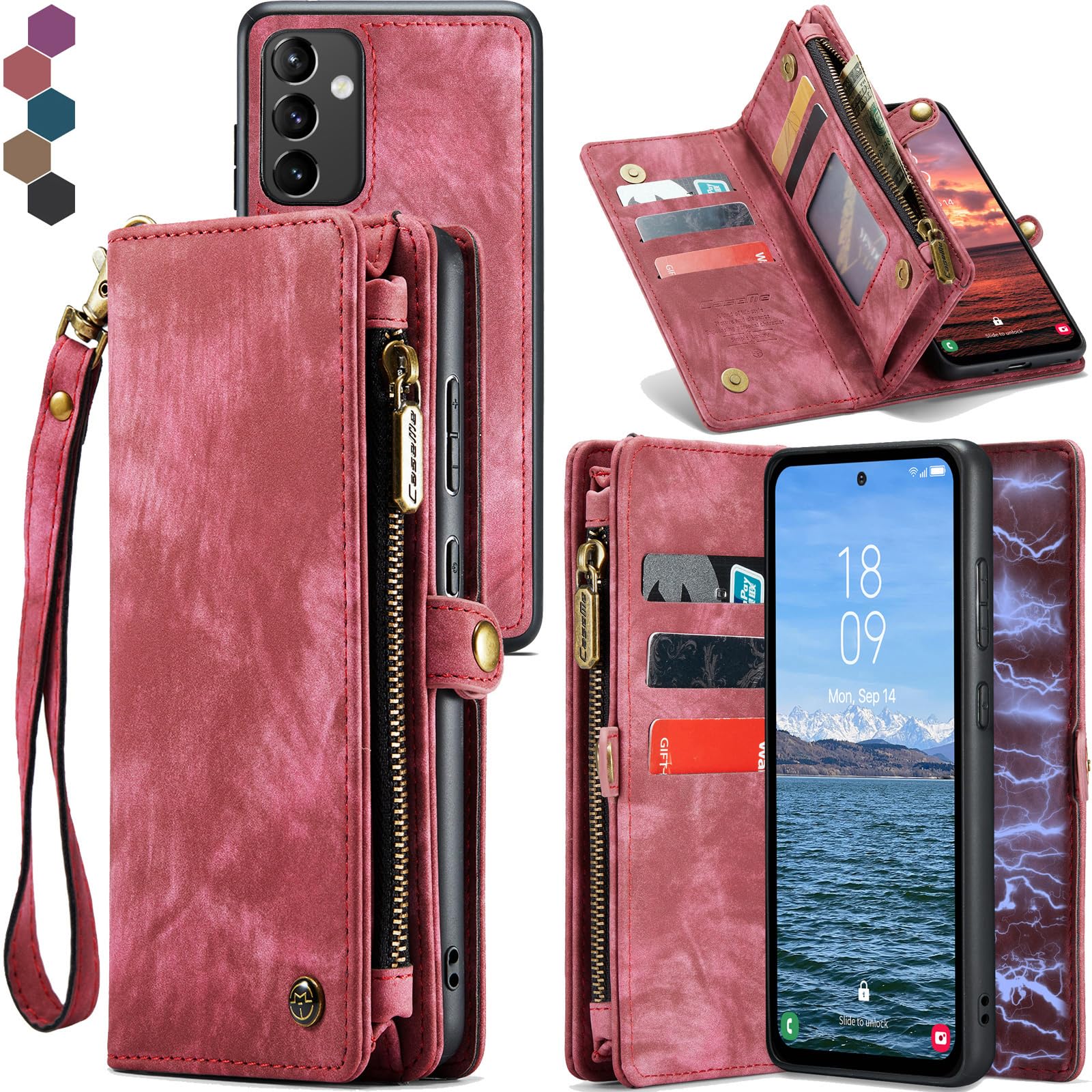 Samsung Galaxy A54 Wallet Case,Zipper Folio Leather Case Wallet with Card Holder Strap Wristlet Detachable Magnetic Protective Back Case for Samsung