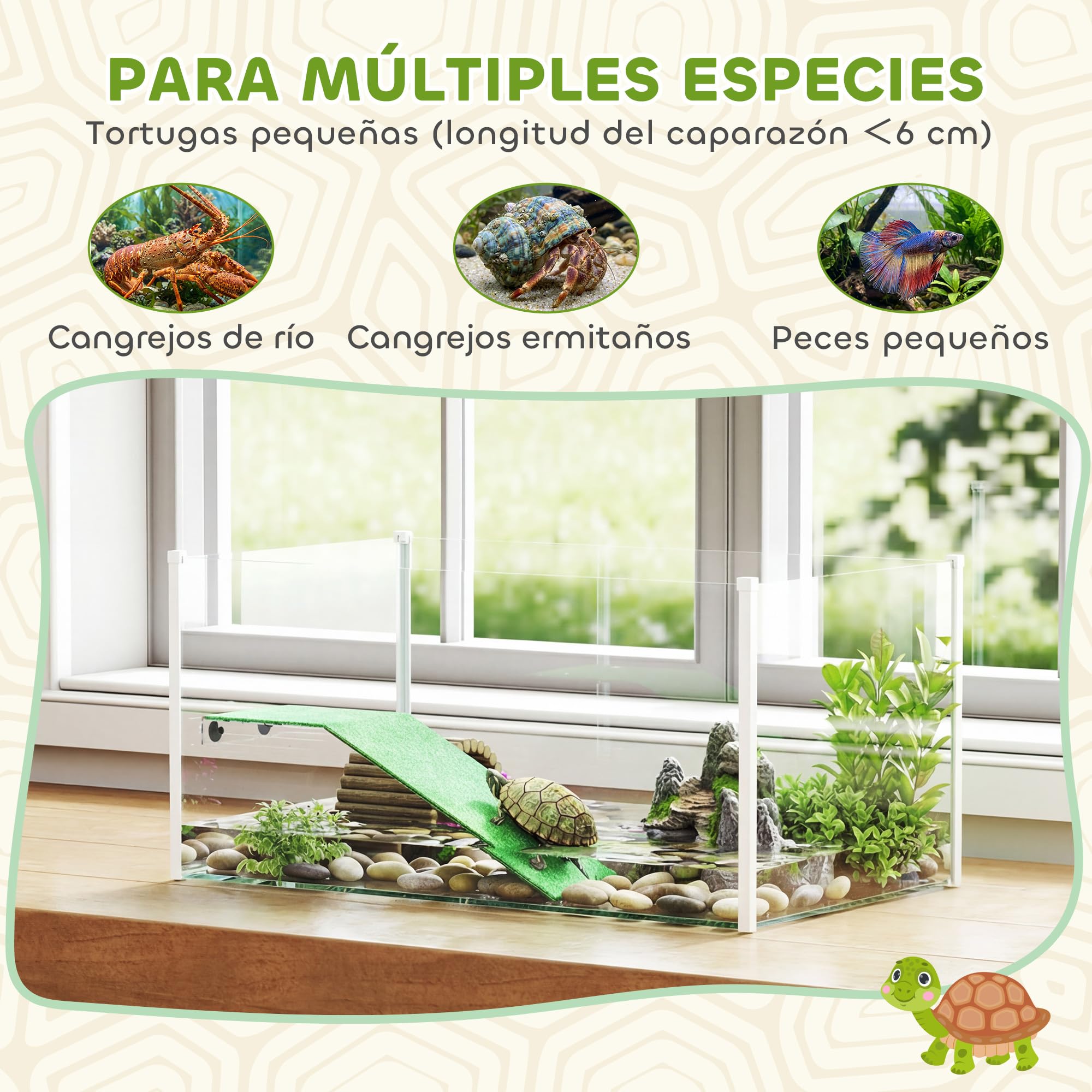 PawHut Acquario per tartarughe, terrario per tartarughe con piattaforma e rampa con superficie in erba artificiale, vista panoramica a 360°, per piccoli pesci, gamberetti, 60x35x28 cm, bianco