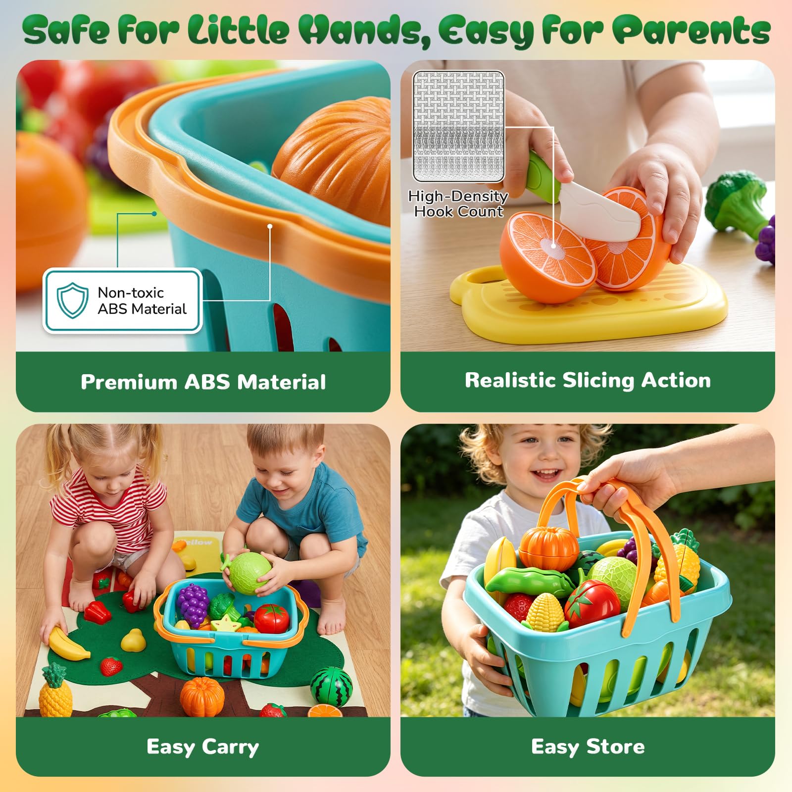 SOCBTNSO Essens-Set mit Filz-Baummatte und Aufbewahrungskorb: Küchenzubehör, Spielzeug, Obst und Gemüse, sensorisches Spielzeug, Montessori-Farbsortierung, Geschenk für 3, 4, 5, 6 Jahre, Kleinkinder