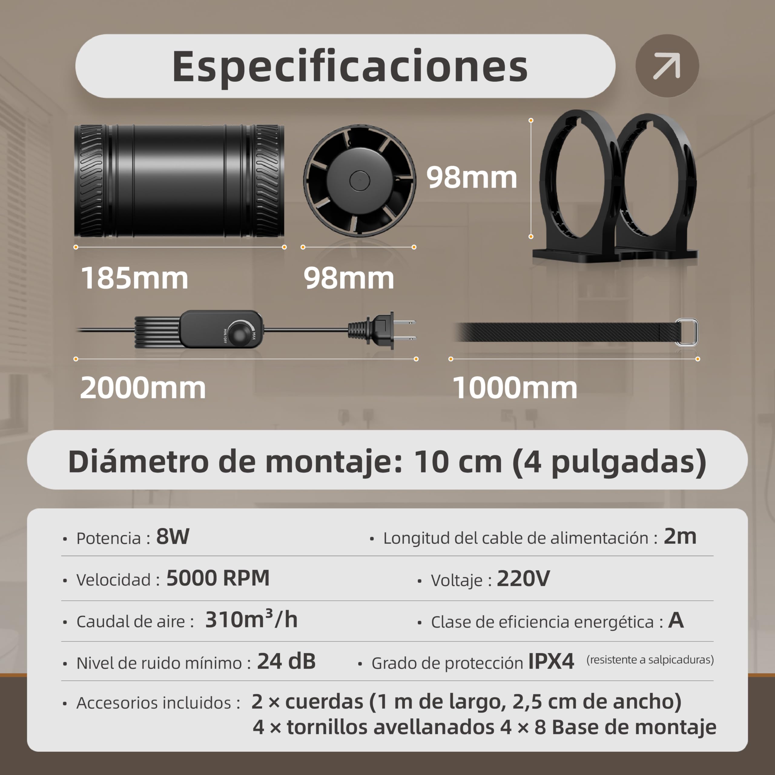 MOCINE Ventilador de conducto 100 mm regulable, 310 m³/h | Extractor en línea Con base de montaje y correa de fijación, ventilador silencioso para baño, sótano, ático, cultivo indoor