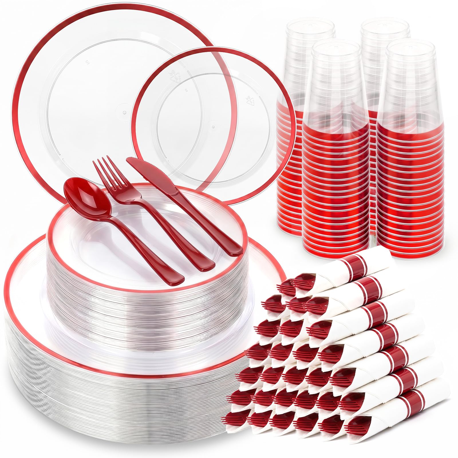 350 Clear Red Plastic Plates - 50 Guest Dinnerware -10 350 Clear Red Plastic Plates - 50 Guest Dinnerware -10