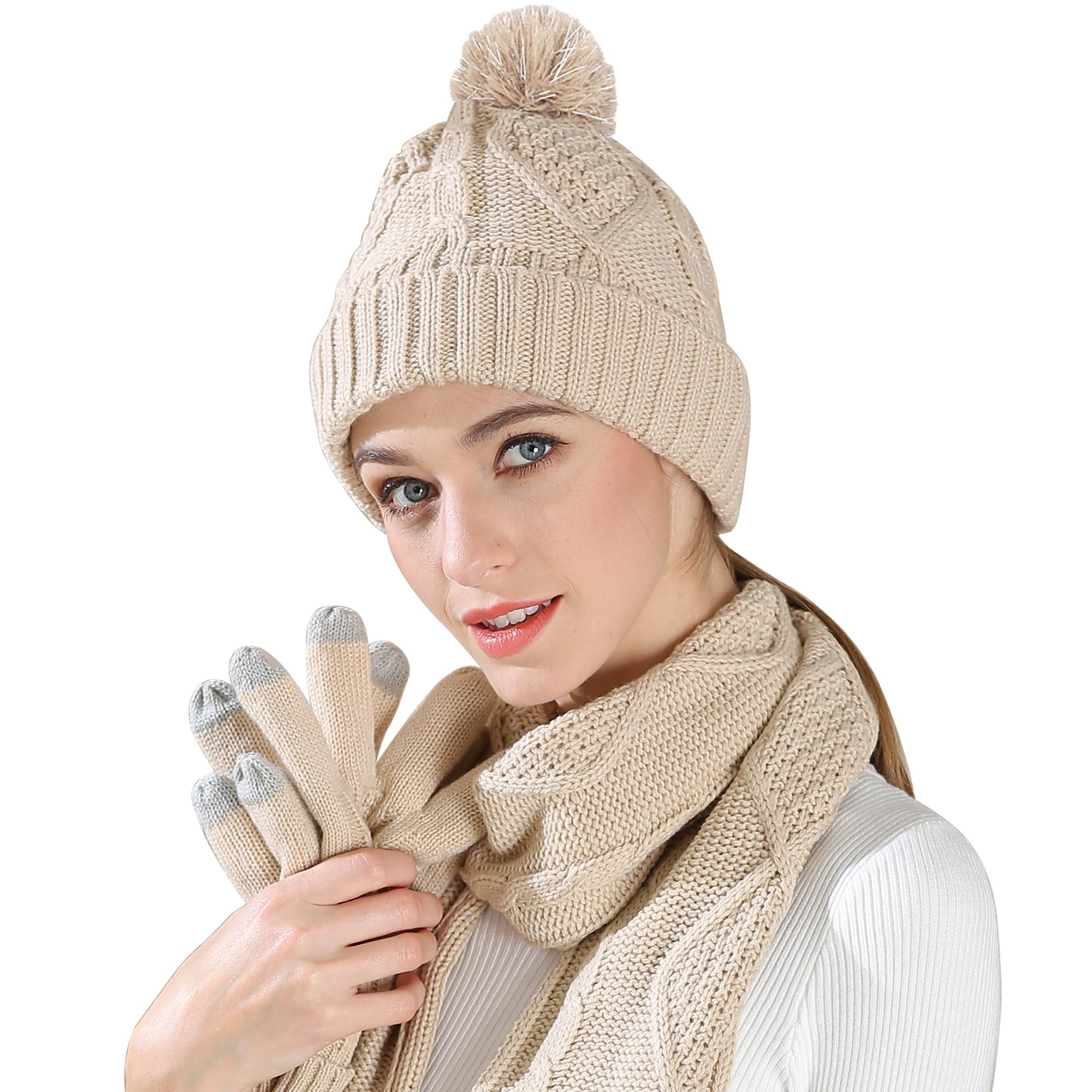 Hat Gloves Scarf Set Women, Gifts for Women Winter Warm Knit Beanie Hat Touchscreen Gloves Long Scarf 3PCS Set-image-28