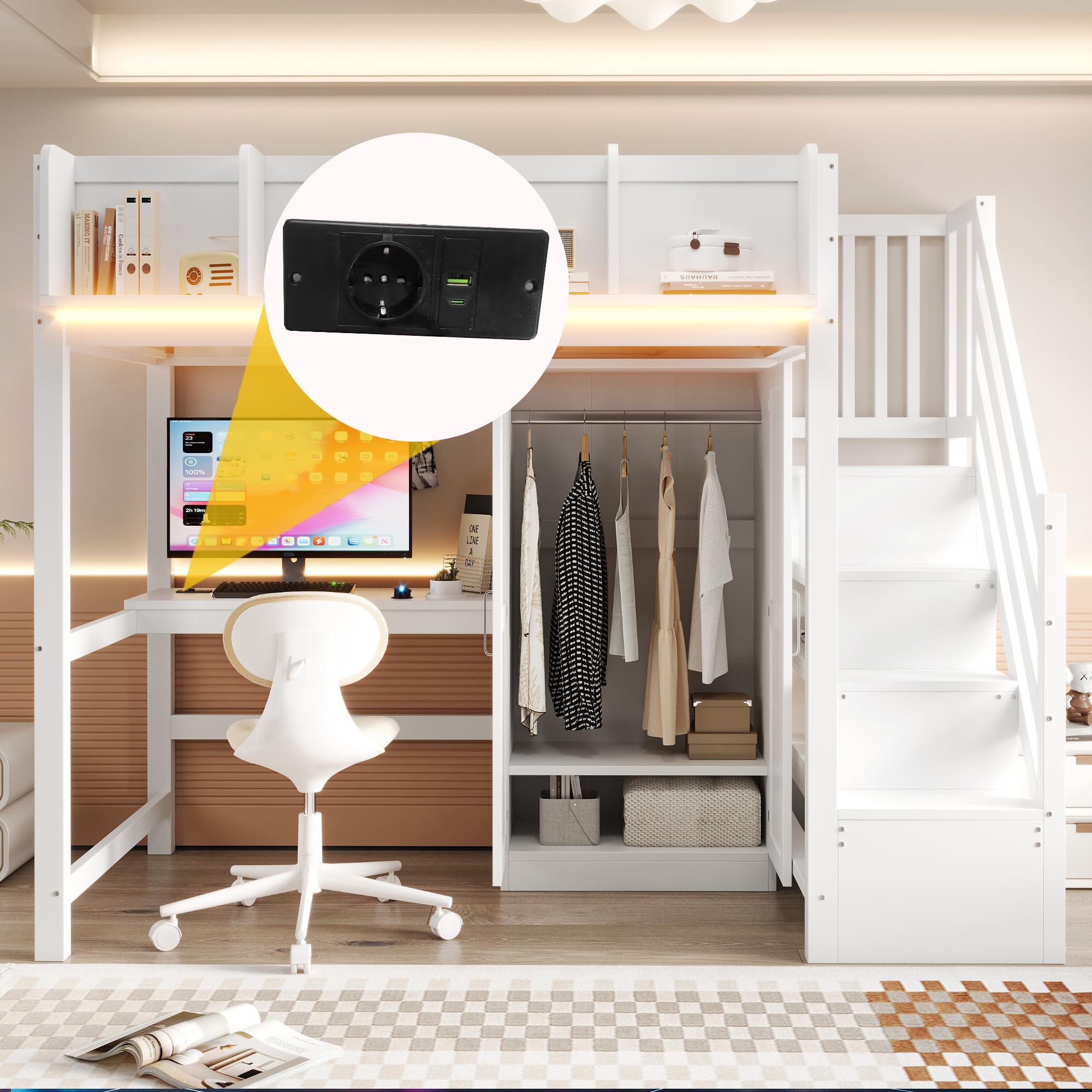 Multifunktionales Hochbett 90x200 cm mit LED-Beleuchtung und USB-Anschlüsse, Kinderbett mit Treppe Stauraum und Schreibtisch, Holzbett mit Kleiderschrank, Weiß-A(Ohne Matratze)