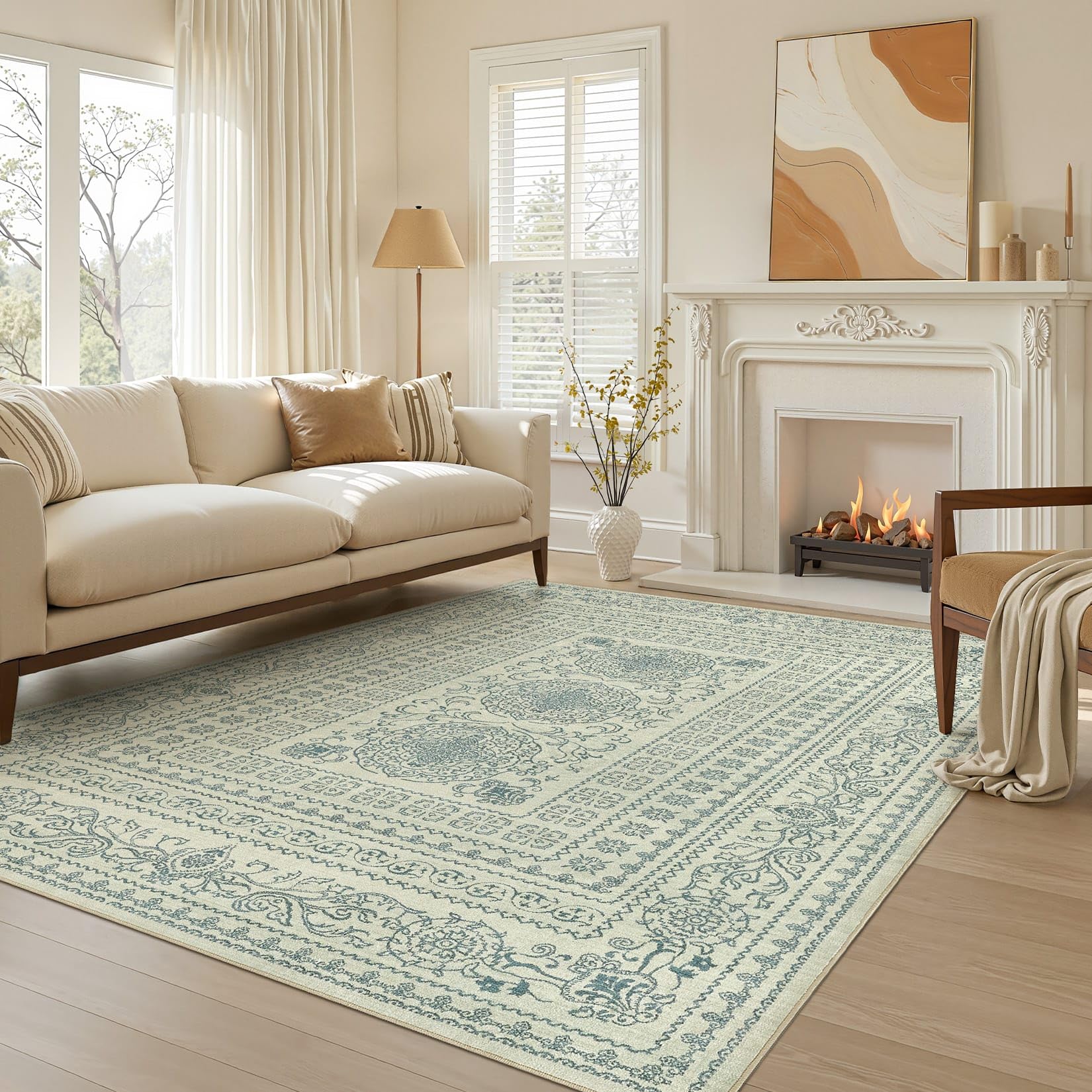 Nakagishi Neutral 6x8 Area Rugs for Living Room Washable, Green/Beige
