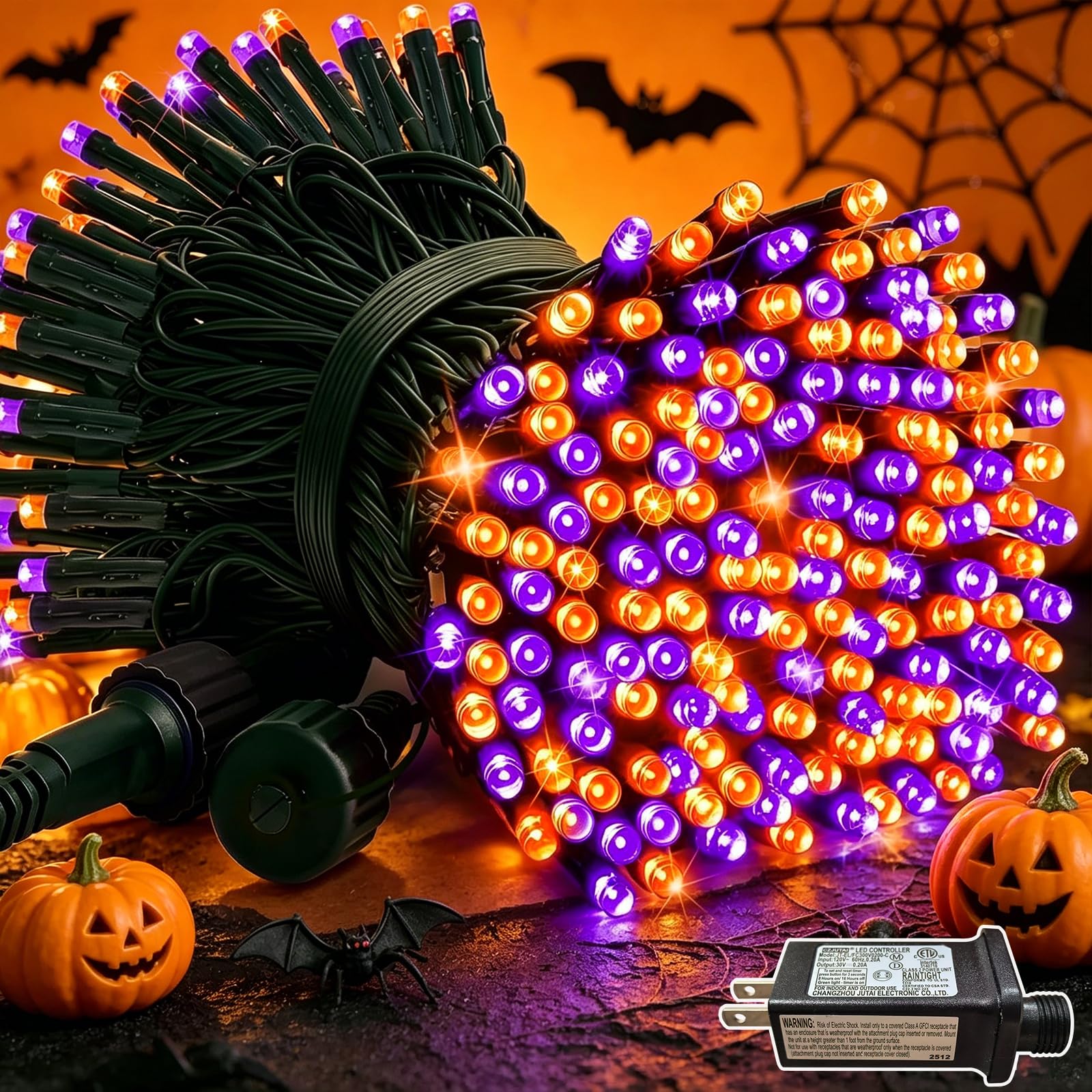 LAMPHOME Stringa di luci per Halloween, 100 LED viola e arancione, con 16 modalità, impermeabilità IP44, filo marrone, luci per interni ed esterni, feste di Halloween, decorazioni per cortile e albero