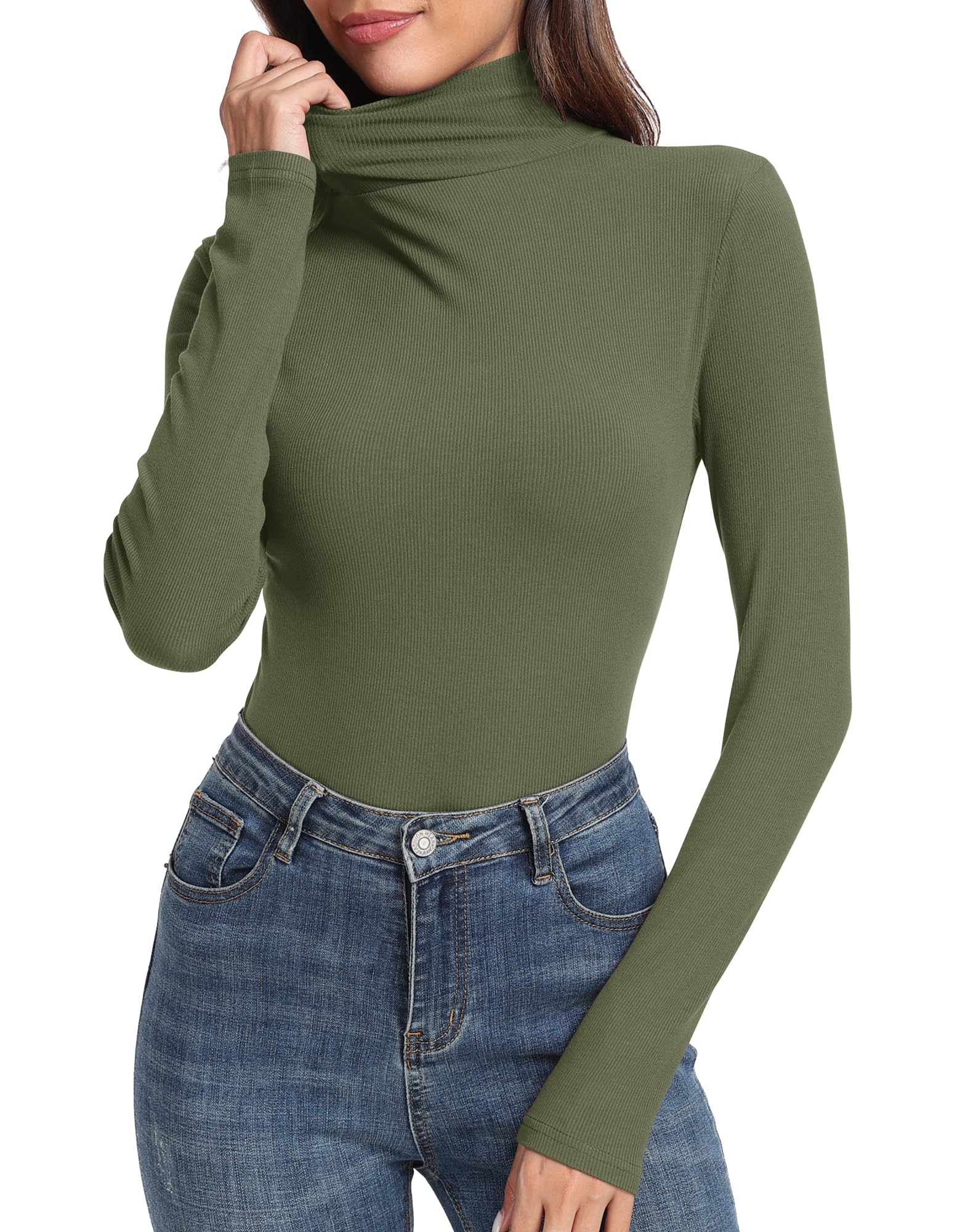 PALINDA Women's Ribbed Turtleneck Fitted Long Sleeve Shirts Basic Thermal Layering Tops