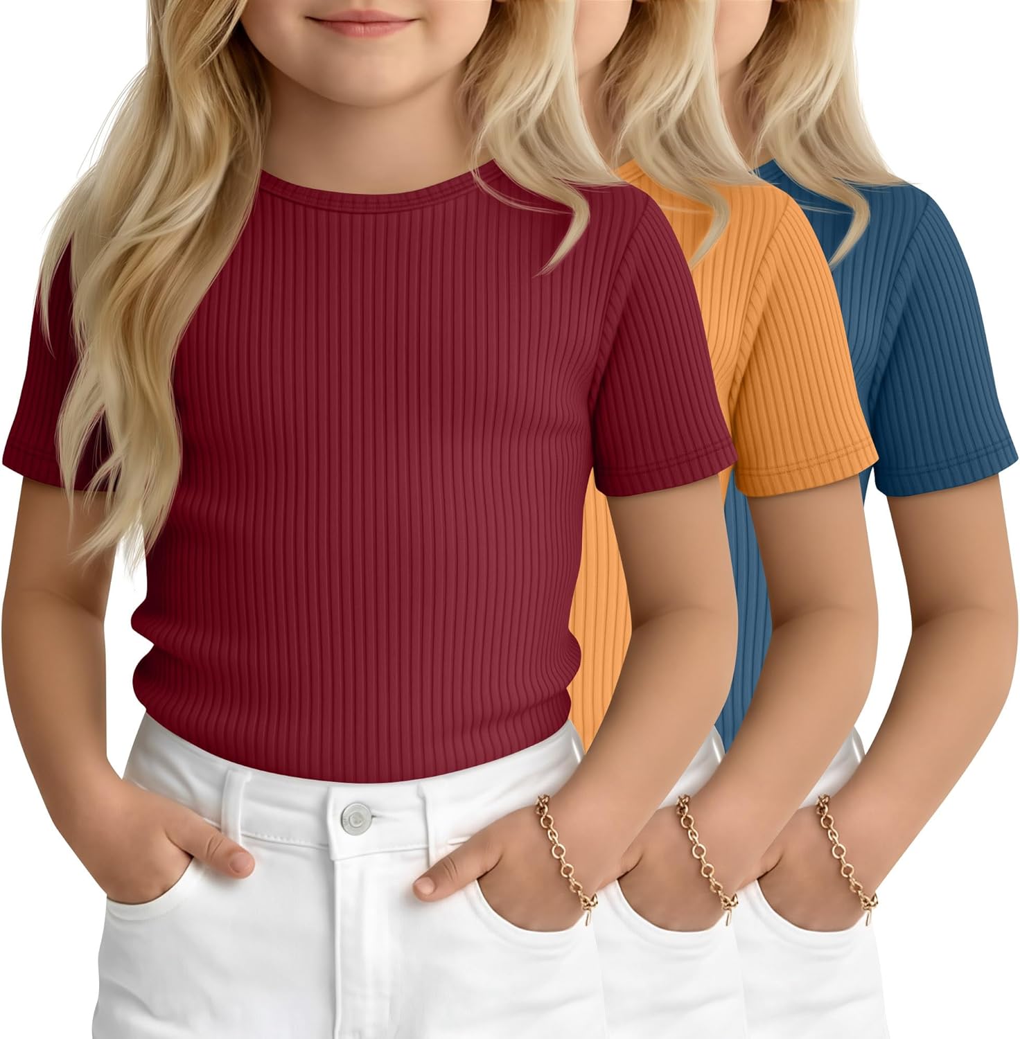 3 Pack Toddler Girls' Ribbed Shirts Short Sleeve Crew Neck T Shirts Knit Slim Fit Soft Solid Base Layer Tee 18M-5T