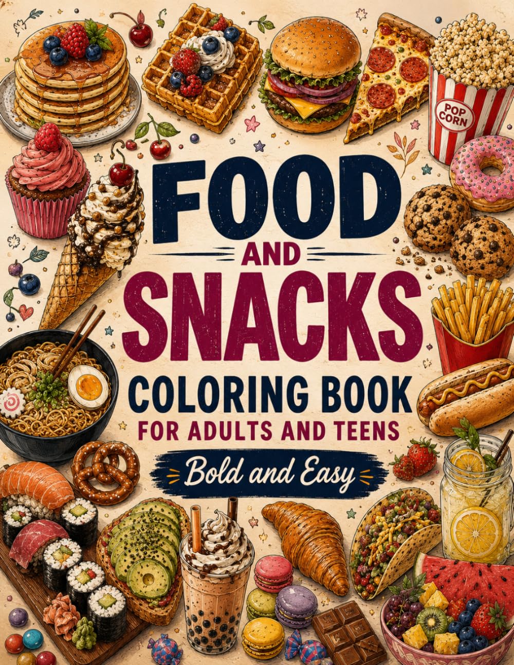 Food & Snacks Coloring Book: Bold and Easy Fun Food Illustrations ( for Adults and Teens )
