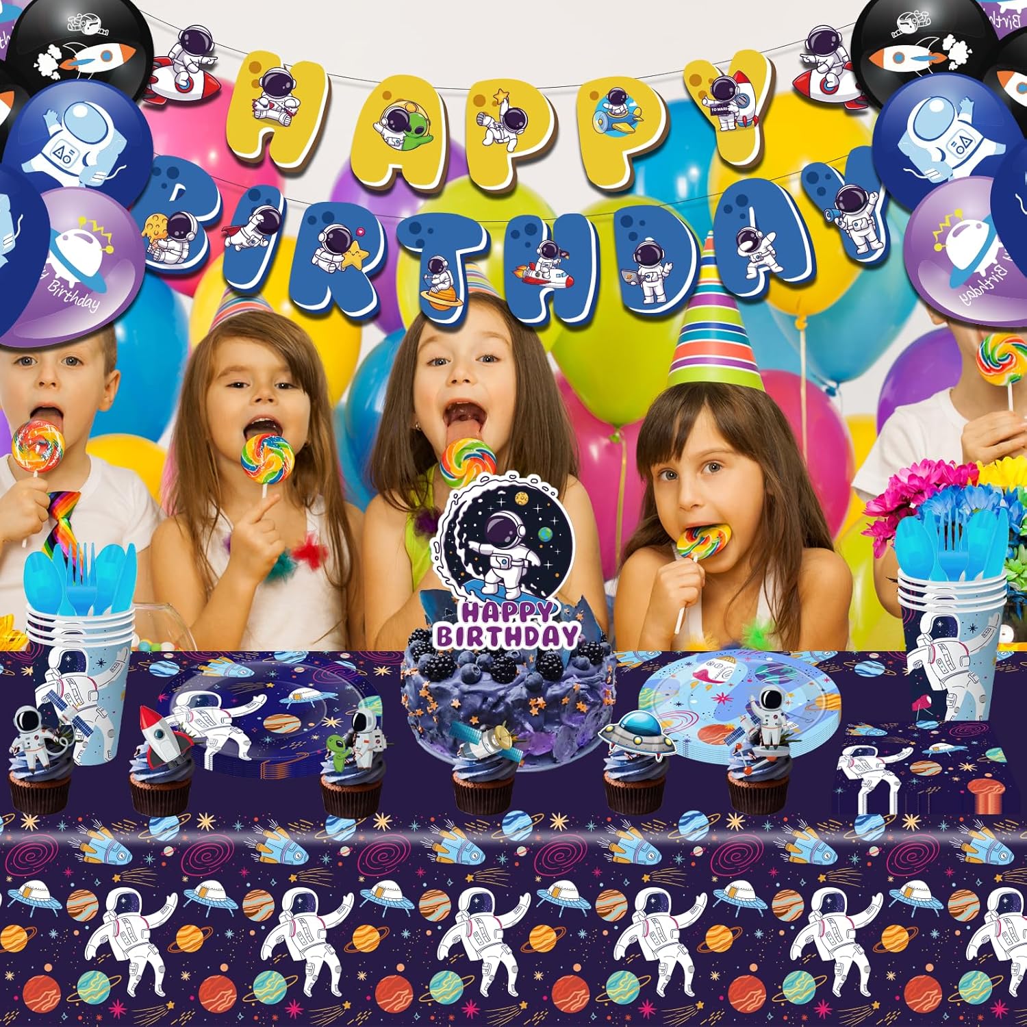 Universe Space Themed Birthday Party Decorations Astronaut Party Supplies Include Plates Napkins Cups Forks Knives Spoons, Happy Birthday Banner, Cake Toppers, Balloons, Tablecloths