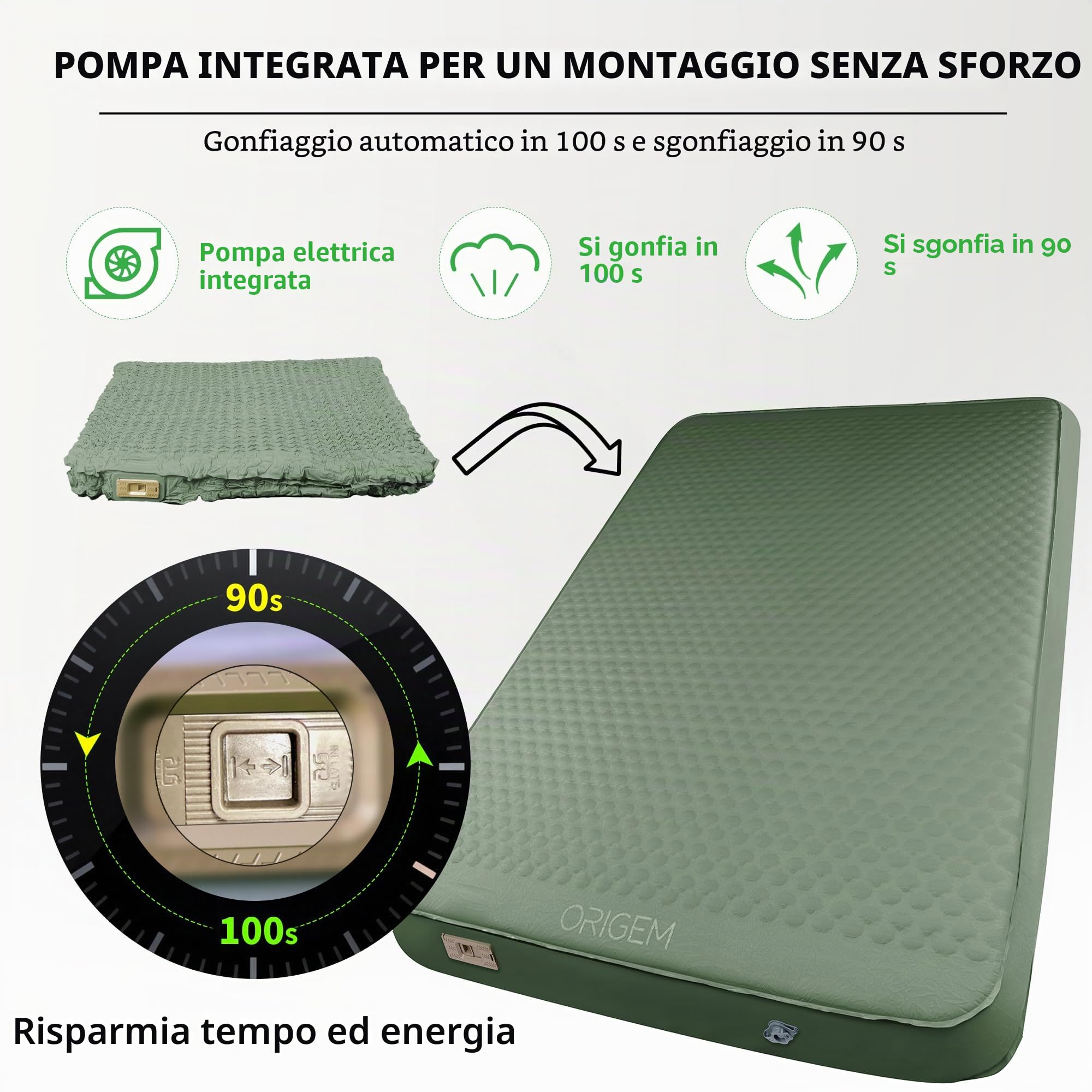 Origem Materasso Campeggio Matrimoniale con Pompa Elettrica Integrata | Materassino autogonfiante doppio 140 x 200 cm in schiuma, facile da gonfiare e sgonfiare per trekking, tenda e casa