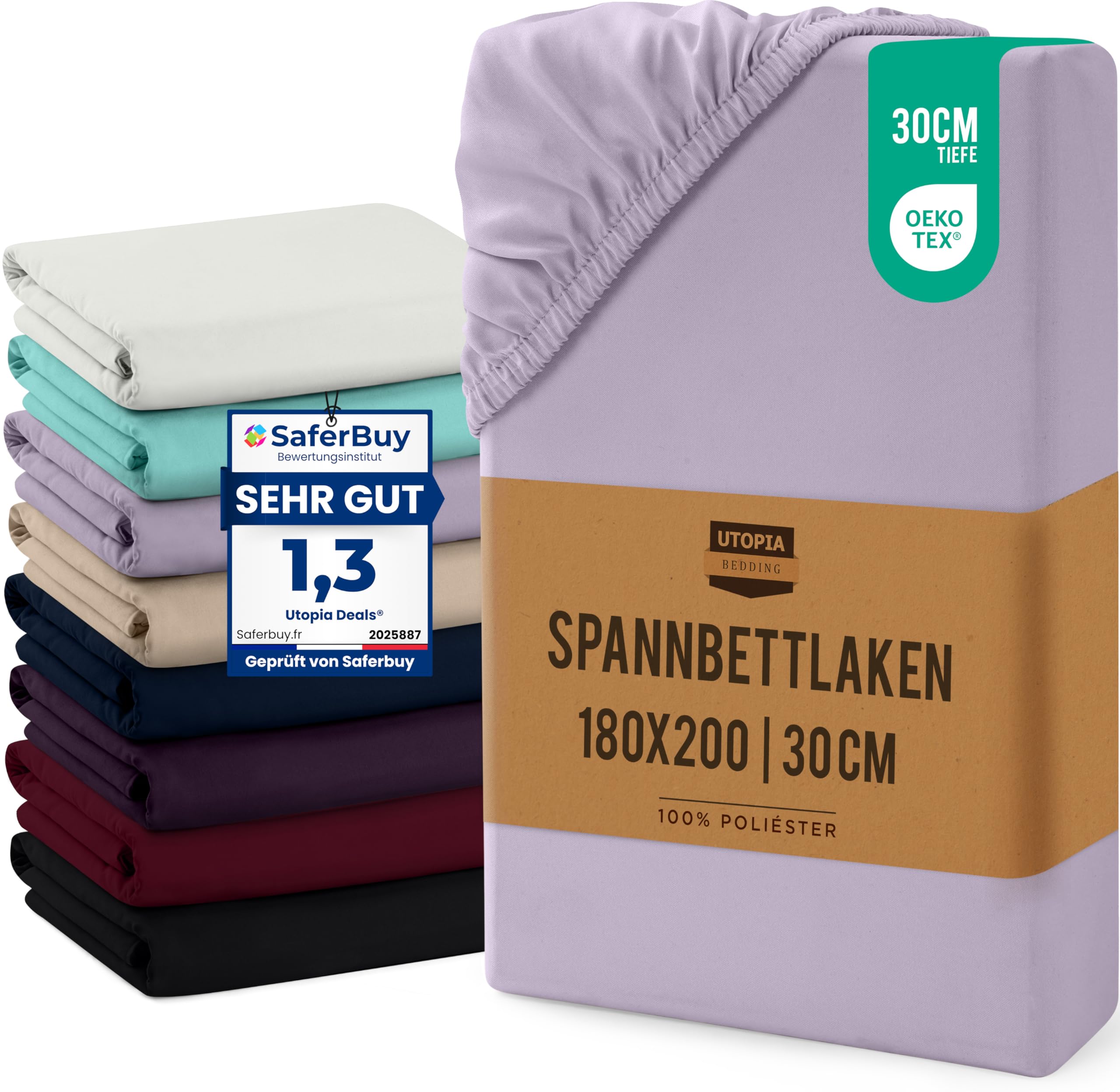 Utopia Bedding - Spannbettlaken 180x200cm Bis 30 cm - Lavendel - Oeko-Tex Zertifiziertes - Gebürstete Mikrofaser Spannbetttuch