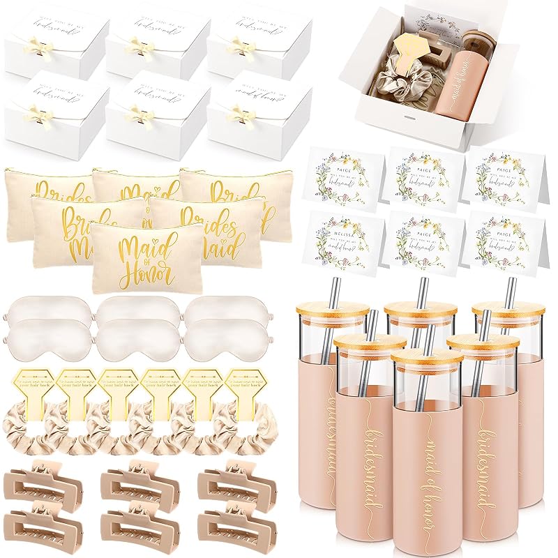 Tioncy Conjunto com 6 caixas para presentes de madrinhas, com copos, necessaires e acessórios, Champagne