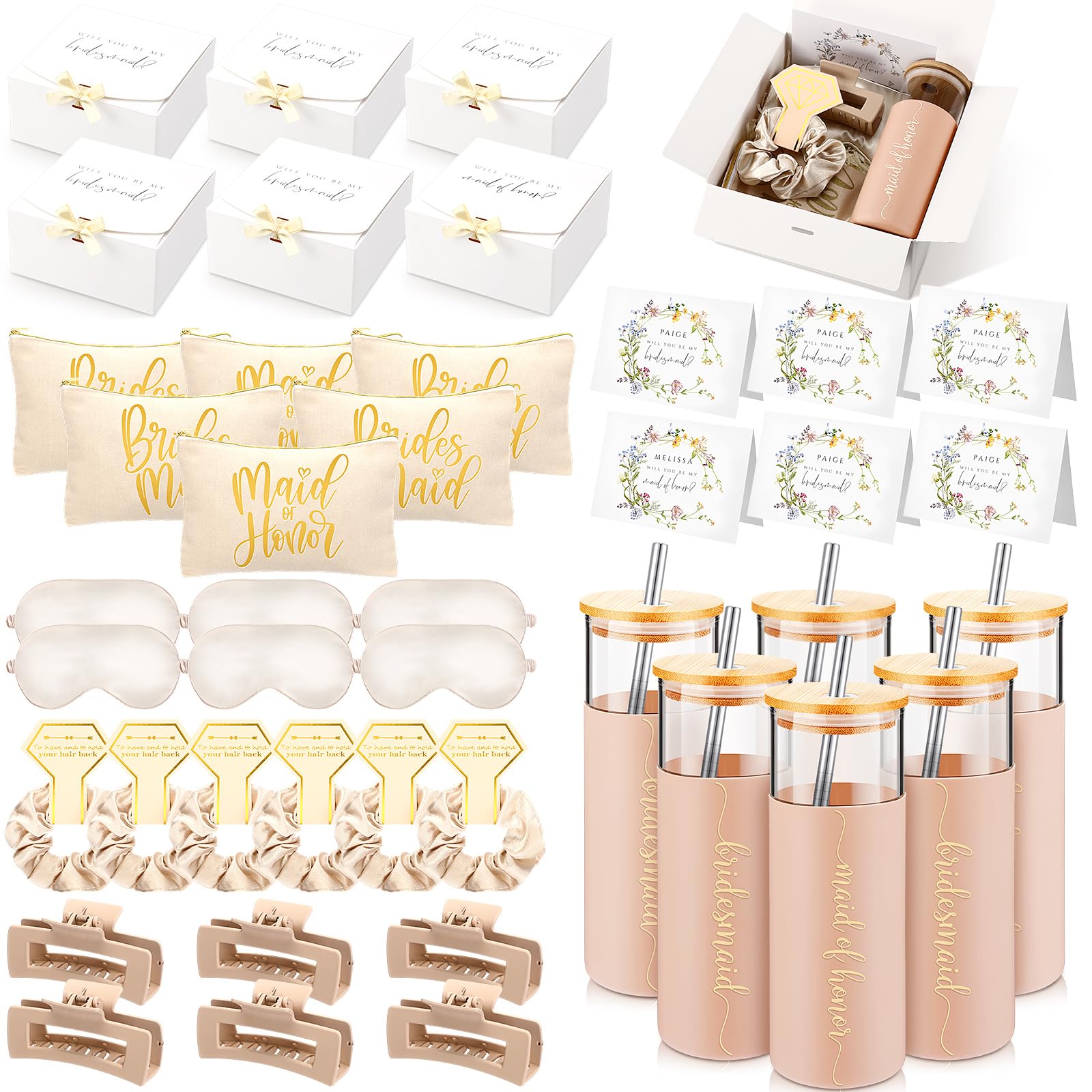Tioncy 42 regali per proposte di damigella d'onore, include scatola regalo per addio al nubilato, matrimoni, sacchetti per il trucco, biglietti invitati, bicchieri con coperchio e paglia, elastici per