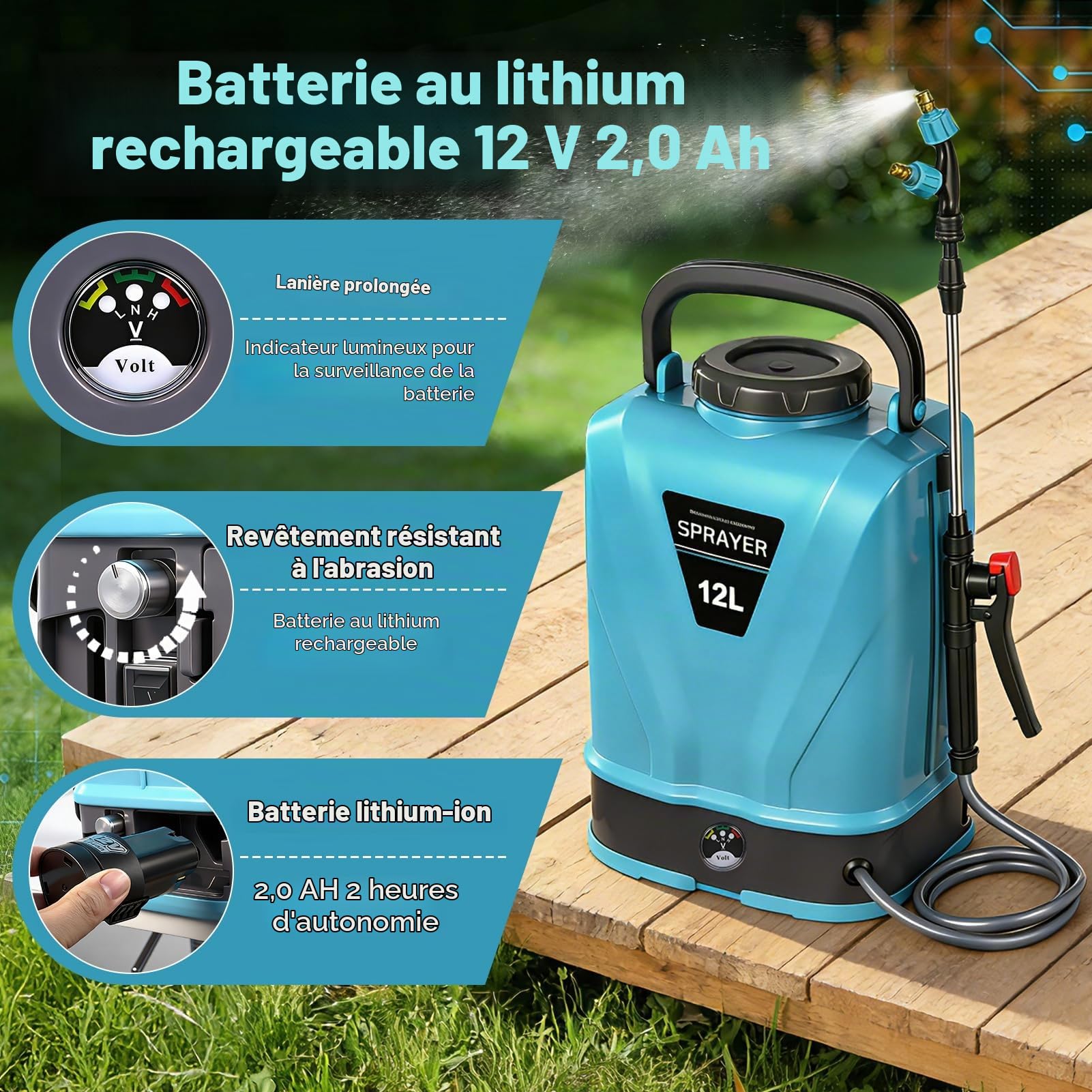 Pulverisateur Electrique 12L,45PSI Pulvérisateur de Jardin Compatible avec Makita 12V Batteries,Pulvérisateur à Batterie avec 5 Buses Reglables,Lance Télescopique,2×2.0 Ah Batterie,Chargeur