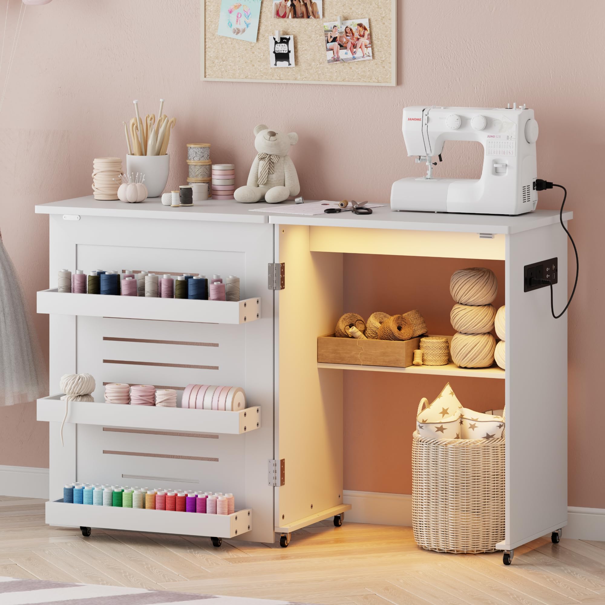 Gurexl 2 in 1 Nähtisch klappbar mit Ladestation und Led Beleuchtung,Nähmaschinentisch mit Ablagefach und Rollen,Basteltisch mit Offenen Ablagefächern und 3 Einlegeböden für Nähmaschine,Weiß
