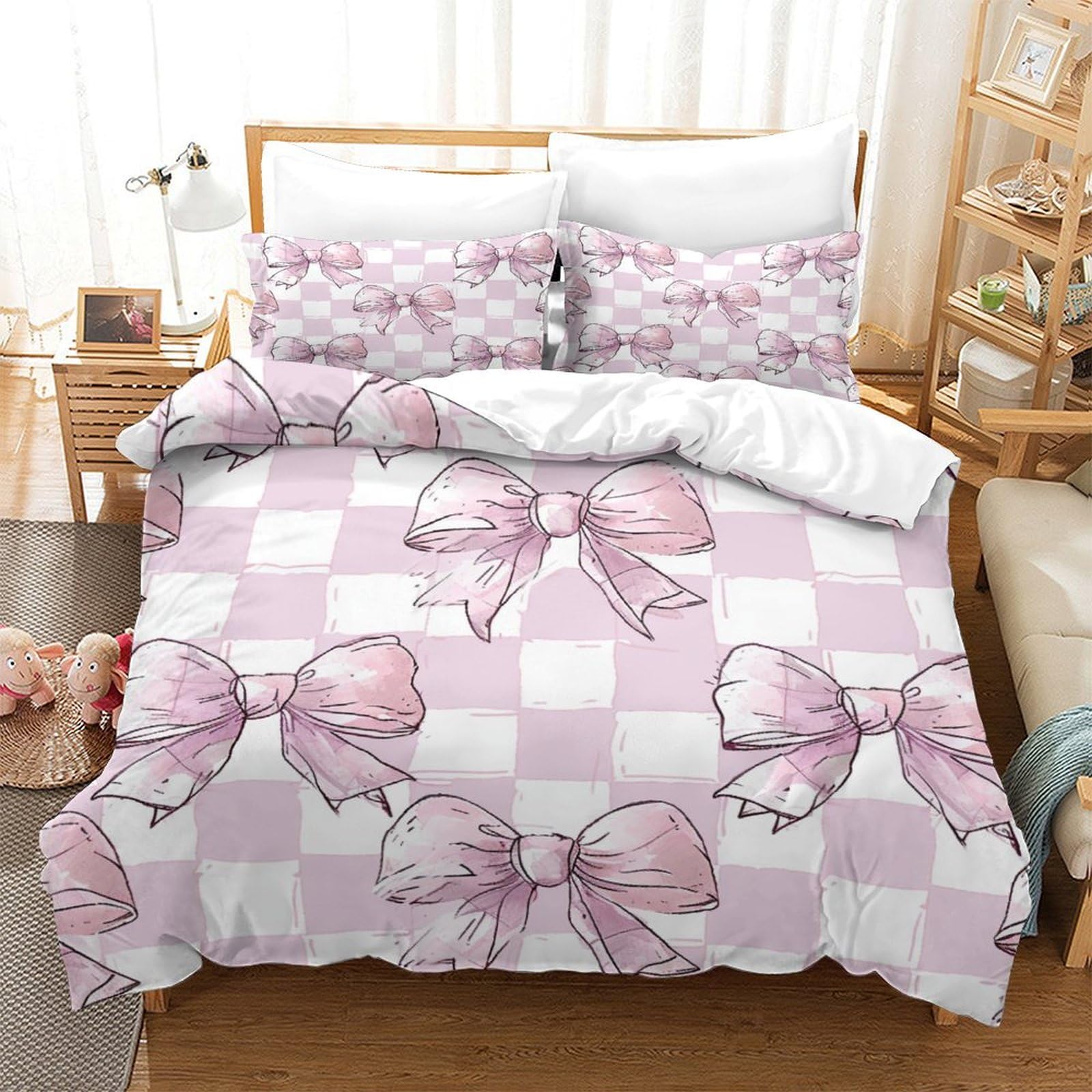 P1S9U7W5Y Checkered Bow 3D Printed Duvet Cover Set 3pcs Microfiber Pink Ribbon Bedding Set King（220x240cm）