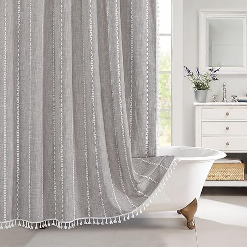 MitoVilla Juego de cortinas de ducha de tela estilo bohemio, color marrón y gris, cortinas de ducha modernas de lino de algodón para decoración de