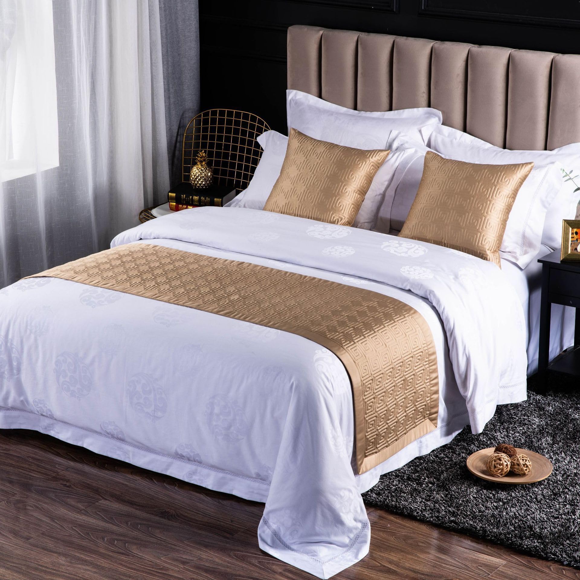 Luxury Bed Runners and Cushion Covers Set Hotel Quality Bed Scarf and Pillowcase Premium Solid Color Bedding for Single Double and King Size Beds (50x210cm) Includes 2 Cushion Covers (Style5)
