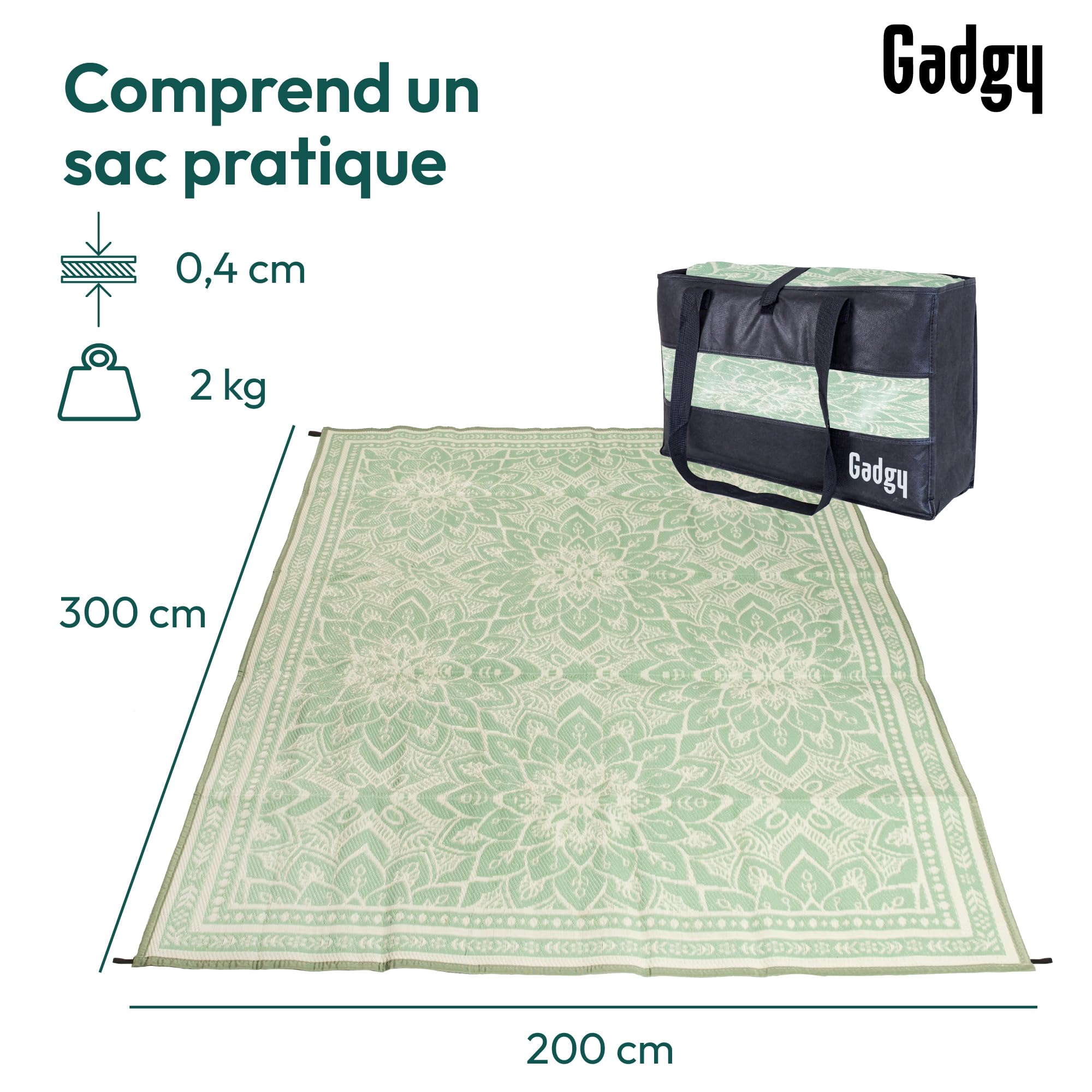 Gadgy Tapis Exterieur Resistant Pluie 300x200cm, Imperméable, Résistant à L’Eau & Aux UV, de Elegant Jardin Tapis, Réversible avec Sac Transport, Vert