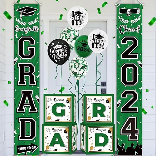 Miniatura 4 de Decoraciones de graduación de clase de 2024, 4 cajas de globos de graduación verdes, decoraciones de graduación 2024, suministros de decoración